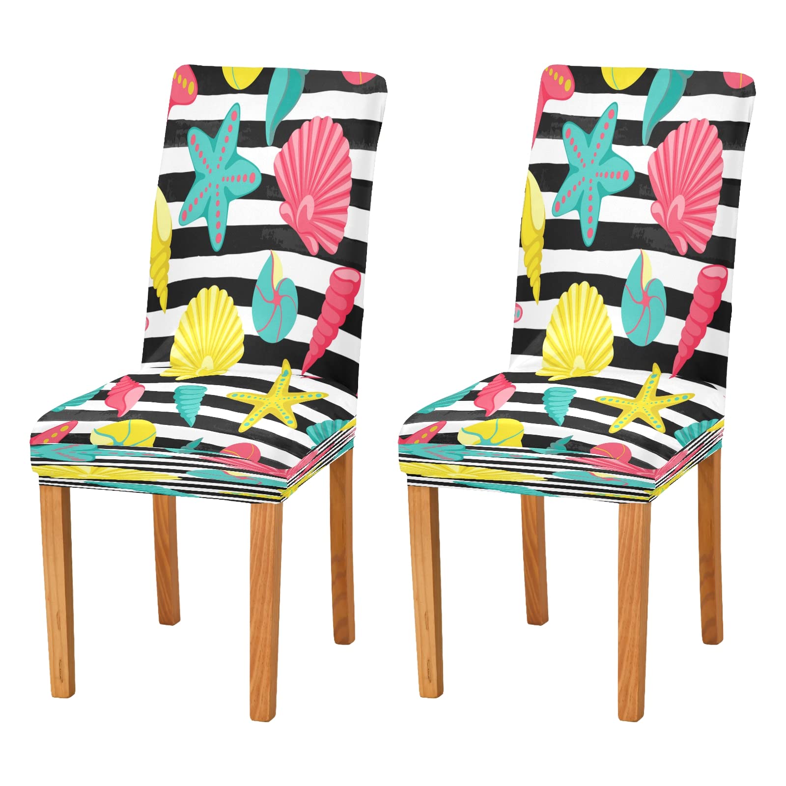 Premium Black and White Seashell Print Stretch Chair Covers - Washable Dining Room Slipcovers Set of 2, Anti-Dust Decorative Seat Protectors for Kitchen, Restaurant & Home Decor