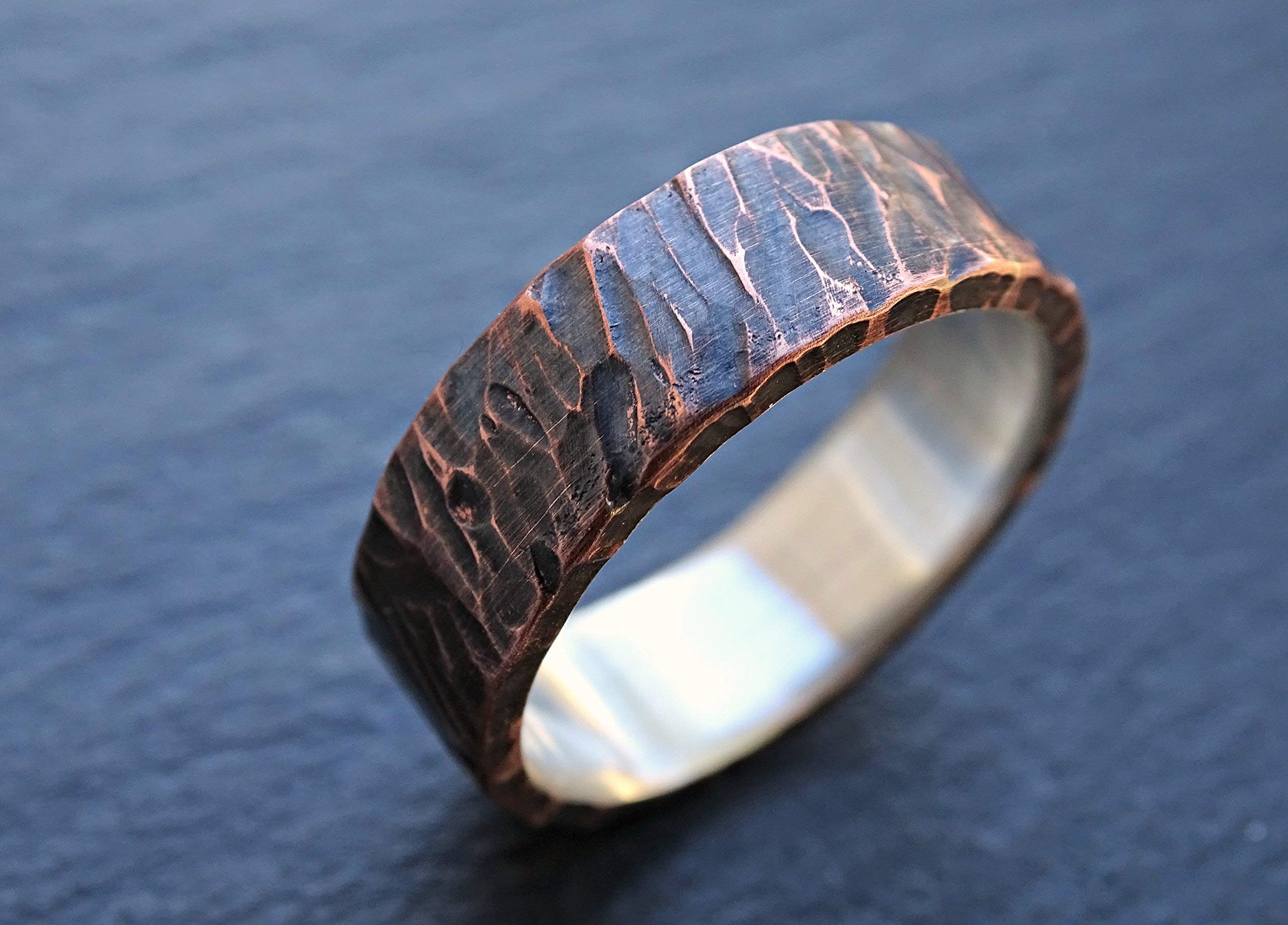 Unique Viking Wedding Band for Men - Rustic Two-Tone Mixed Metal Ring with Wood Structure - Copper Anniversary Gift for Him - Perfect for Weddings, Engagements, and Special Occasions