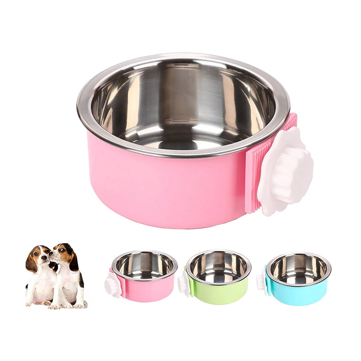Love Dream Crate Removable Stainless Steel Hanging Pet Bowls - Food & Water Feeder for Kennel, Cage, Coop - Perfect for Cats, Dogs, Rabbits & Small Animals (Large, Pink) - Ideal for Travel, Camping & Home Use