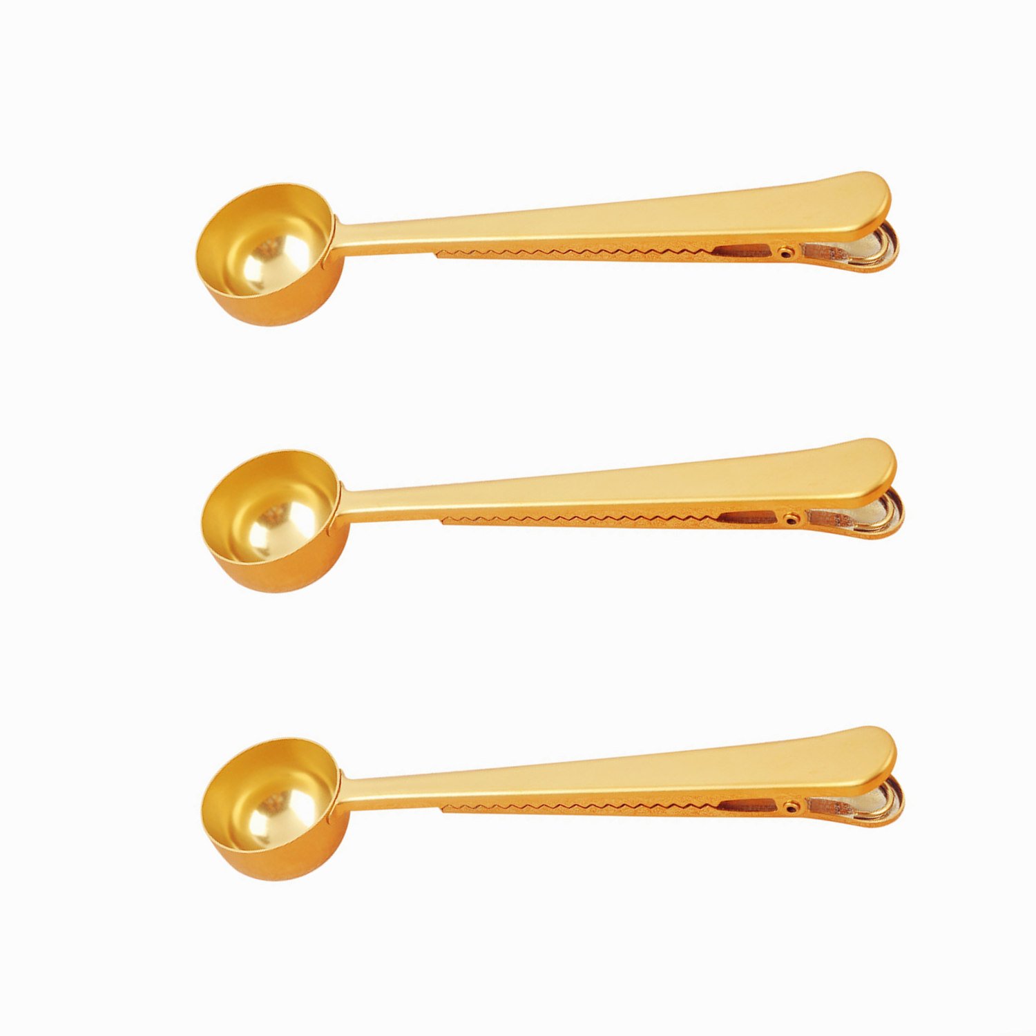 Premium Stainless Steel Coffee Scoop Set of 3 - Golden Measuring Spoon with Bag Clip - Perfect for Coffee, Tea, Protein Powder & Instant Drinks - Ideal for Kitchen, Camping & Coffee Shops