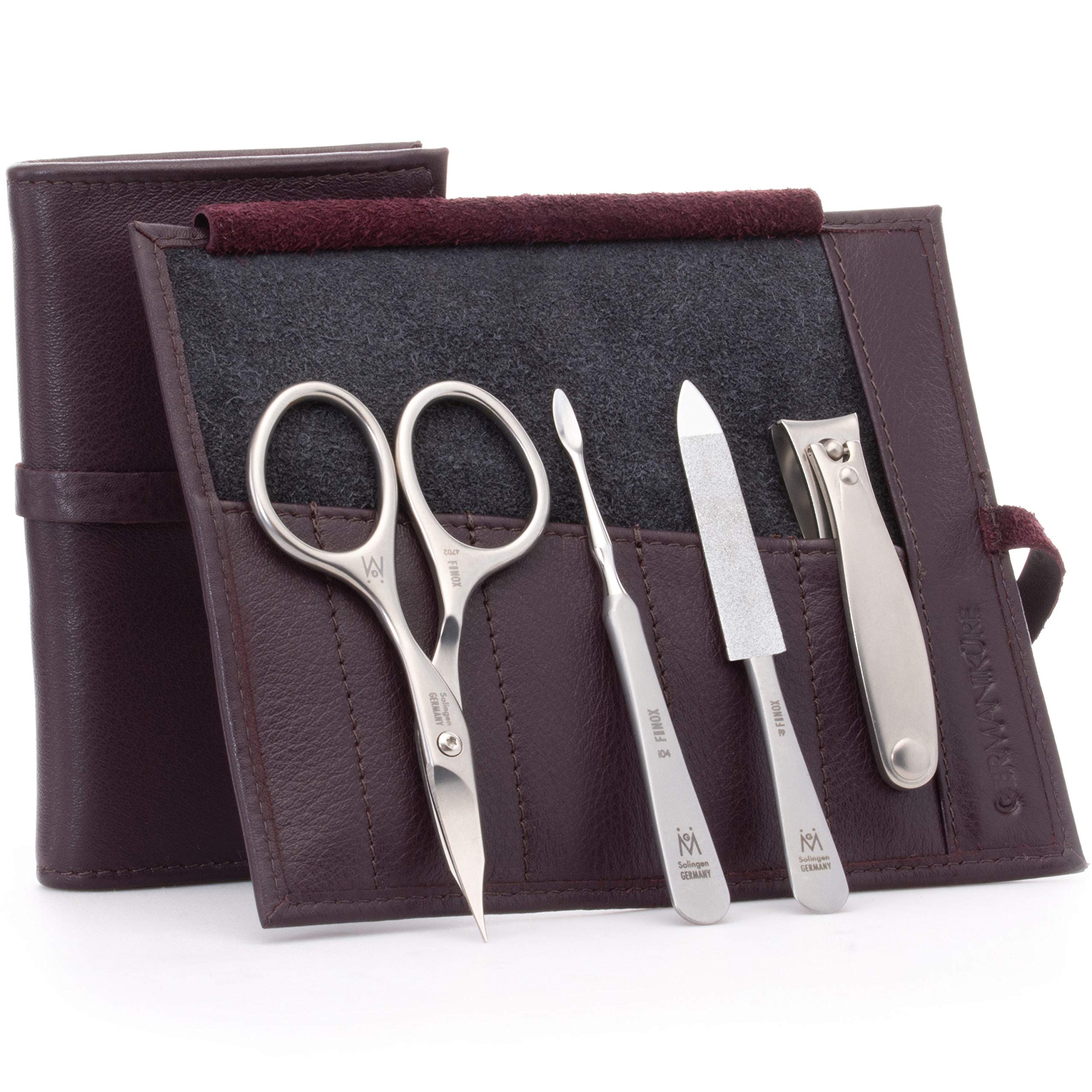 Premium GERMANIKURE 4-Piece Professional Manicure Set - Solingen Germany Stainless Steel Nail Tools in Dark Purple Leather Case - Compact Travel Grooming Kit for Home, Salon & On-The-Go Care