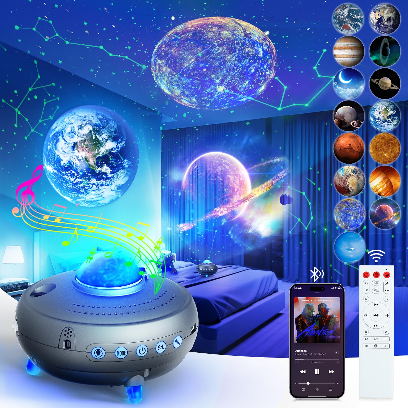 Stars Constellations Planetarium Night Light - 15 Realistic Planets with Bluetooth Speaker | Solar System Space Projector for Kids & Adults | Perfect for Bedroom Decor, Astronomy Learning & Relaxation