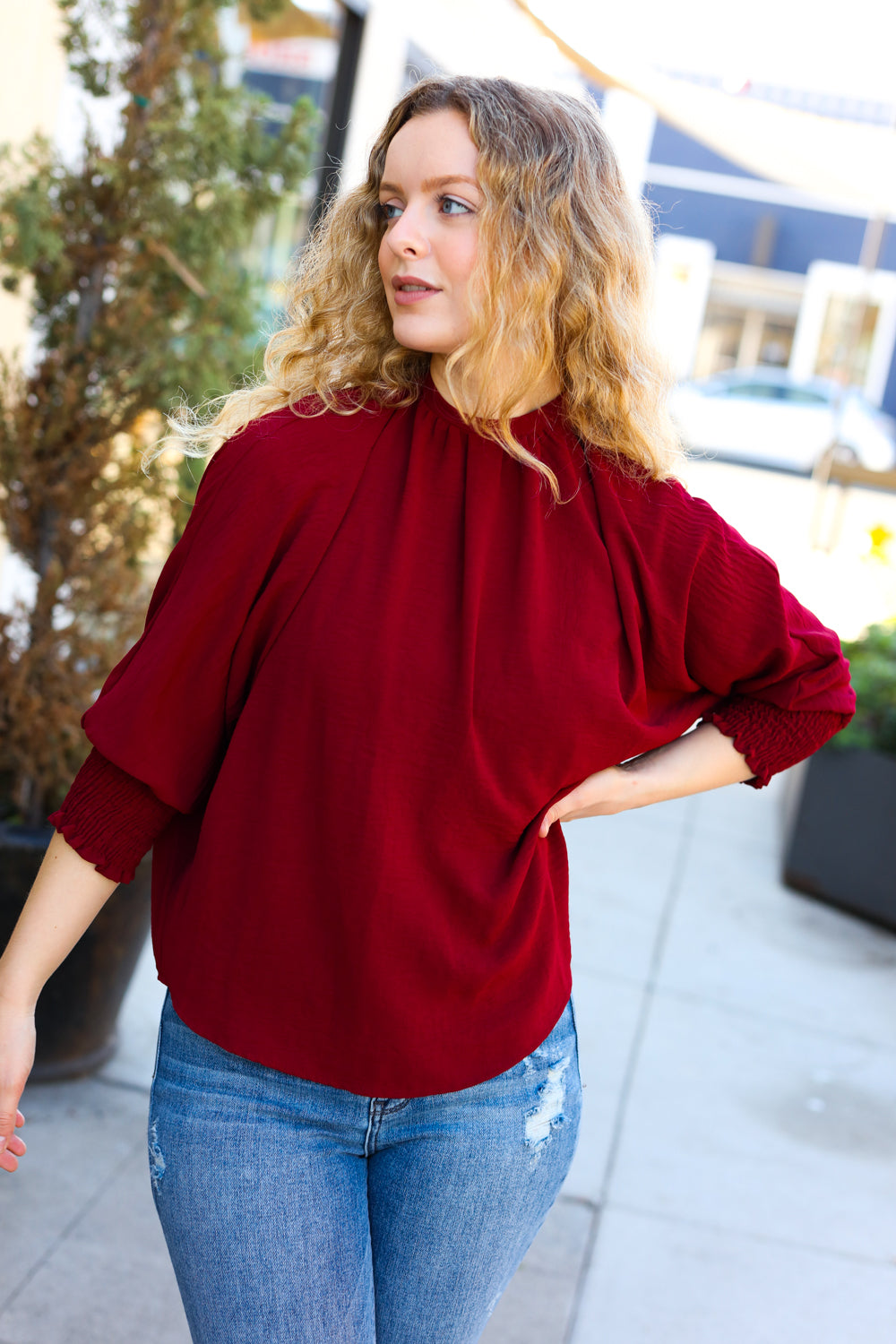 Bold Dreams Wine Smocked Three Quarter Sleeve Tie Back Top - Elegant Women's Blouse for Date Night, Cocktail Parties & Summer Outings
