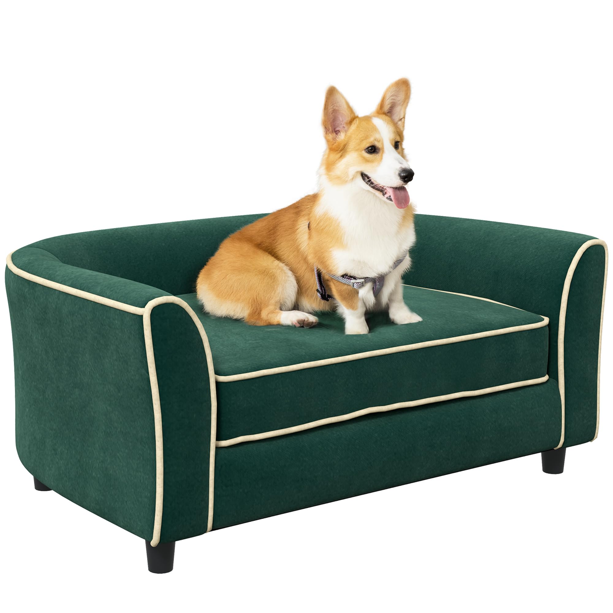PawHut Modern Dog Sofa Bed for Small & Medium Dogs - Soft Cushion with Washable Removable Cover, Dark Green - Cozy Pet Couch for Living Room, Bedroom & Apartment
