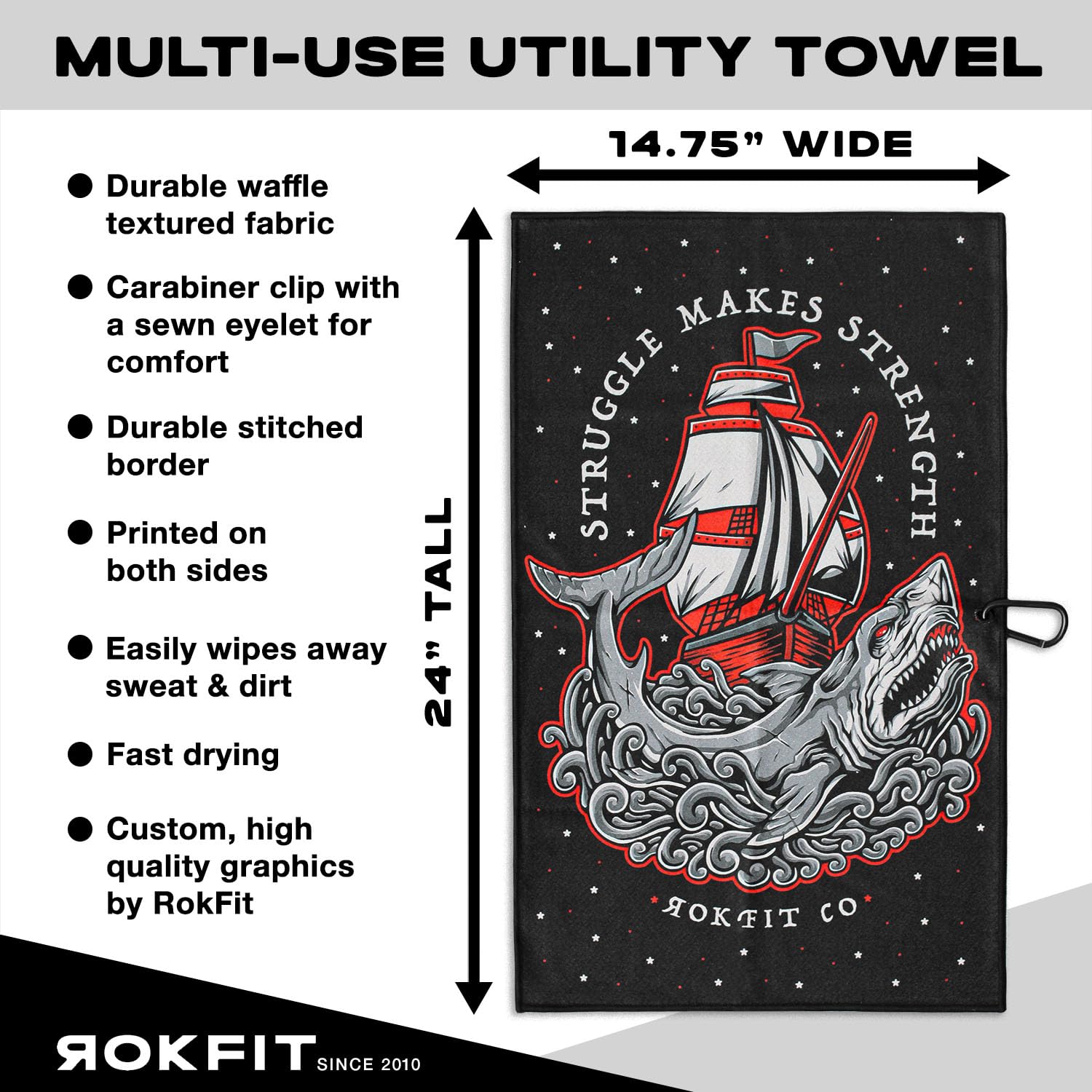 RokFit Multi-Use Sports Towel - Gym, Golf & Outdoor Utility Towel with Carabiner Clip | Bold Graphic Design (Struggle Makes Strength) | Perfect for Workouts, Golfing & Active Lifestyles