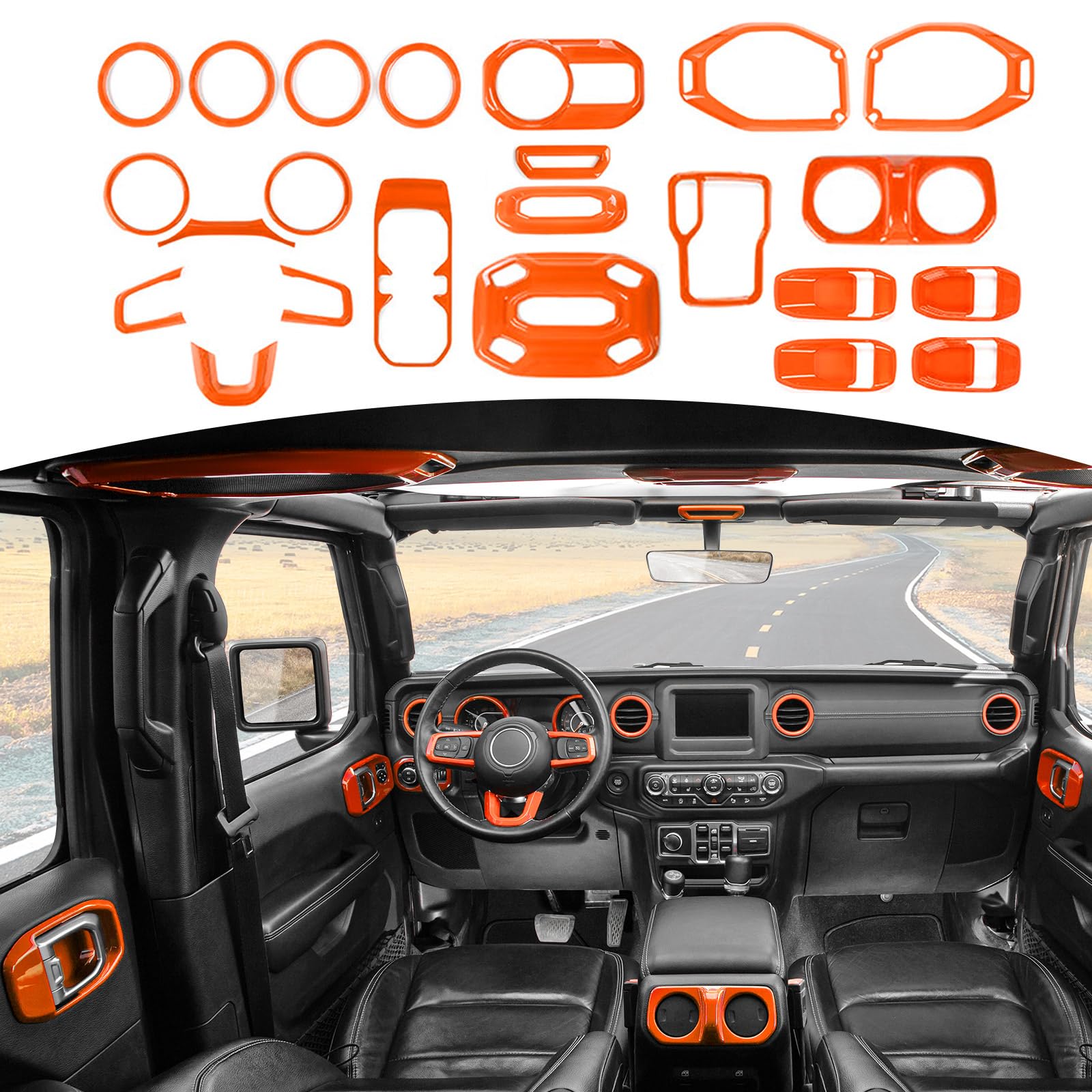 Jeep Wrangler JL/JLU (2018-2023) & Gladiator JT (2020-2023) Orange Interior Trim Kit - 23pcs RT-TCZ Accessories for Dash & Door Panels | Off-Road Style Upgrade for Jeep Enthusiasts