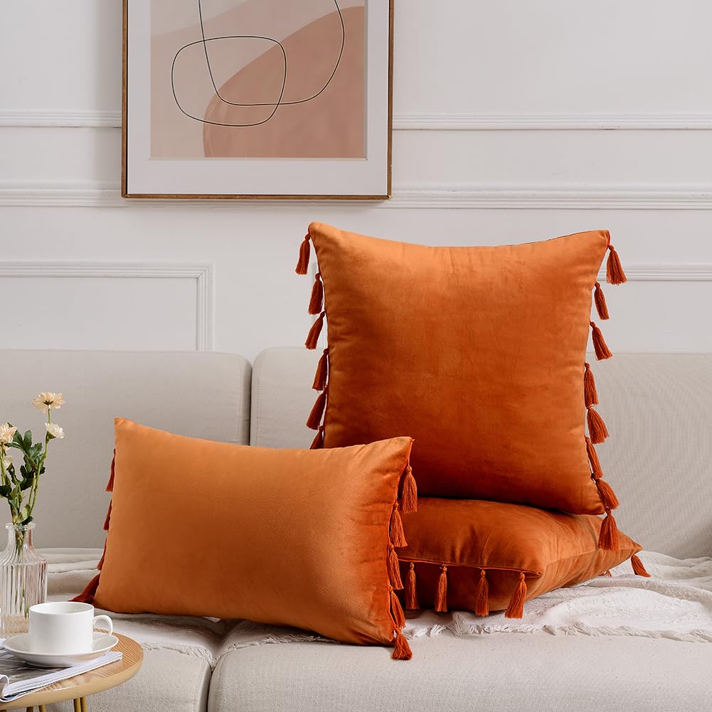 Pack of 2 Fall Orange Decorative Throw Pillow Covers 18x18 Inch (45x45 cm) - Soft Velvet Square Cushion Cases with Handmade Tassels for Couch, Sofa, Bed - Perfect for Living Room, Bedroom & Seasonal Home Decor