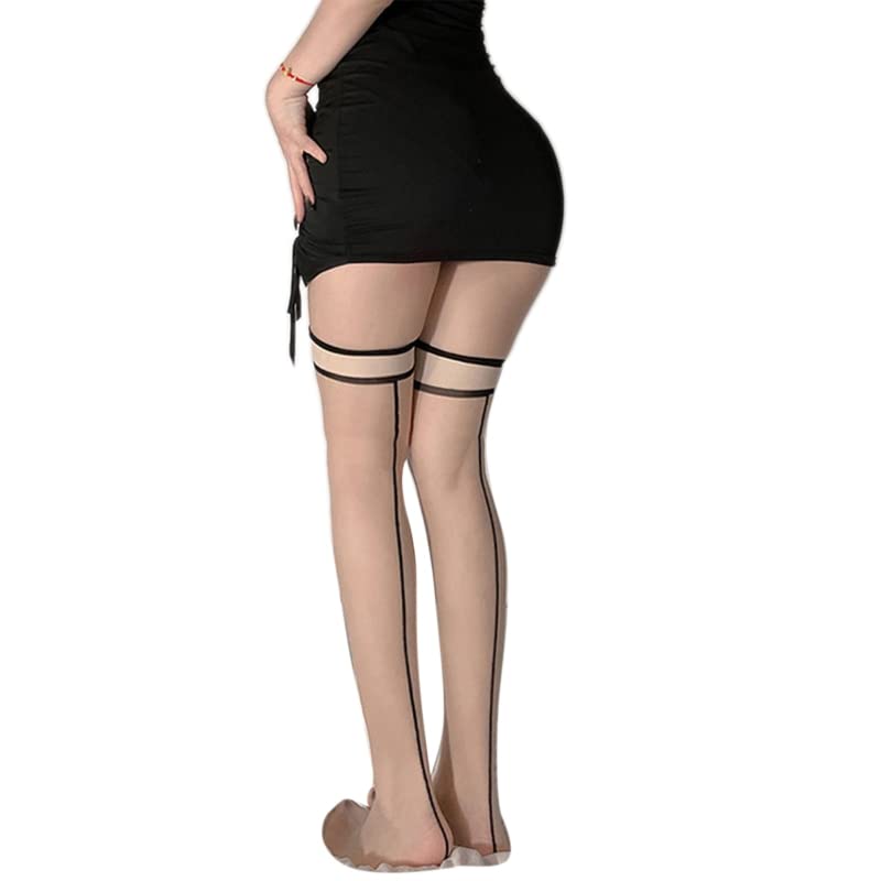 Sexy Women's Sheer Thigh High Stockings with Back Seam - Double Striped Long Socks Silk Stockings for Party, Cosplay & Date Night