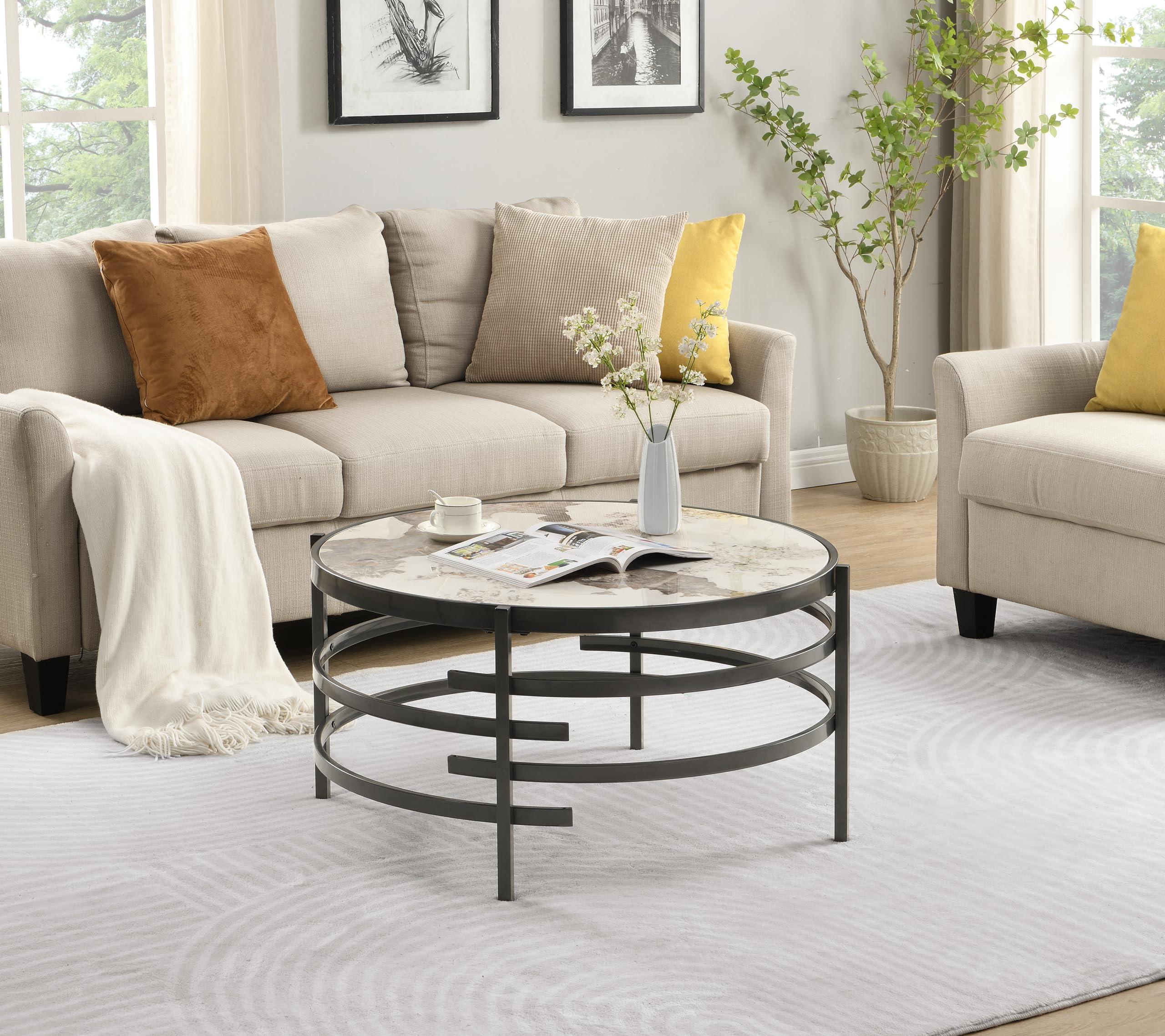 Modern Black Metal Frame Sintered Stone Round Coffee Table - 32.5
