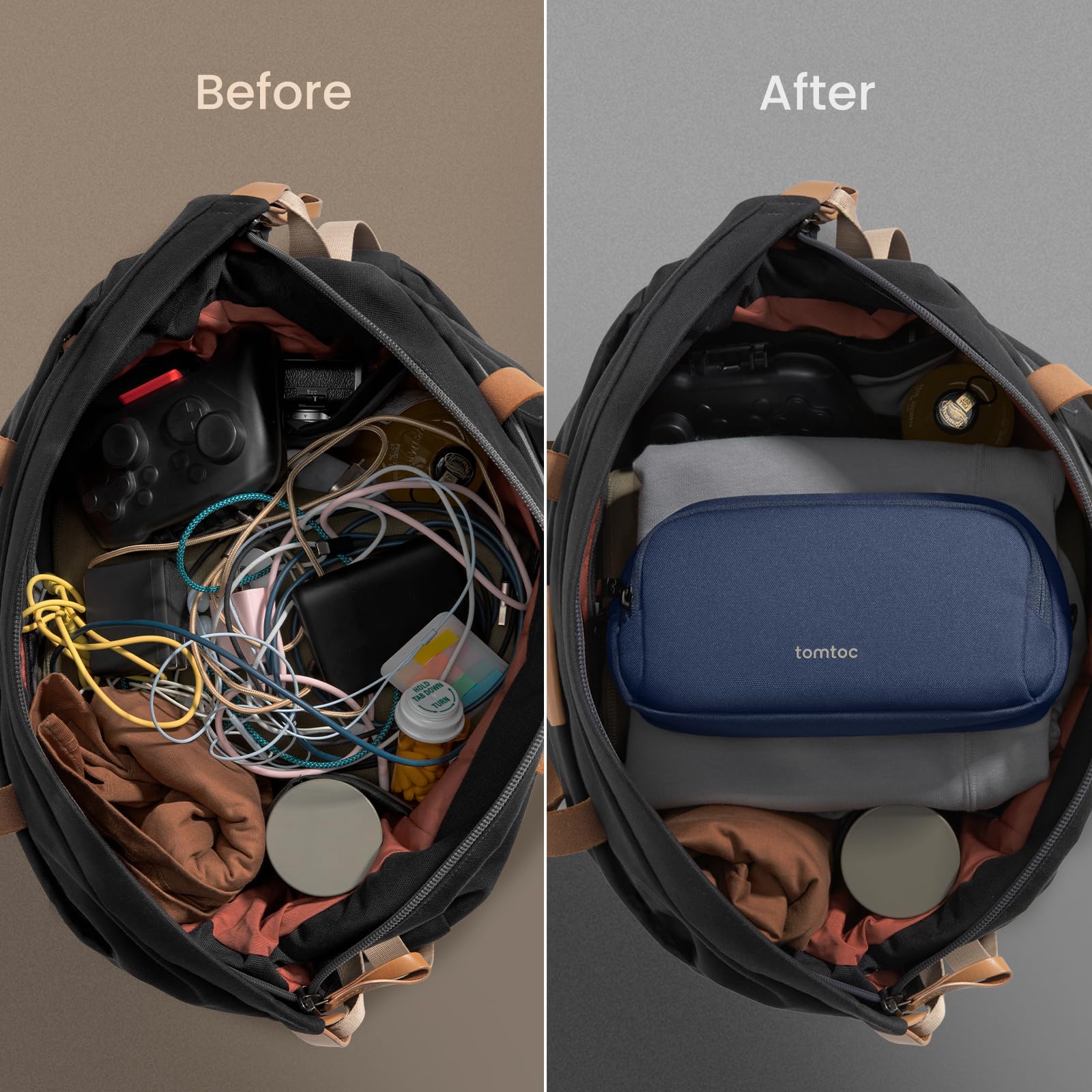 tomtoc Waterproof Tech Organizer - Dual Compartment Travel Cable Storage Bag for Charger, Cord, Phone, Hard Drive & Power Bank | Perfect for Business Trips, Daily Commute & Electronic Accessories Organization