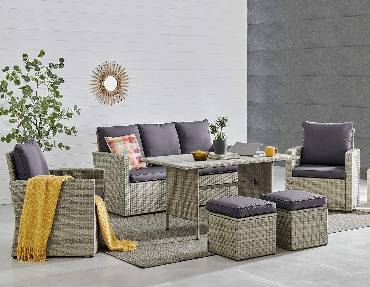 Barton 6-Piece Outdoor Patio Dining Set - Space Saving Rattan Chairs with Glass Table, Cushioned Seating & Backrest - Grey Sectional Conversation Furniture for Garden, Deck, Poolside & Backyard