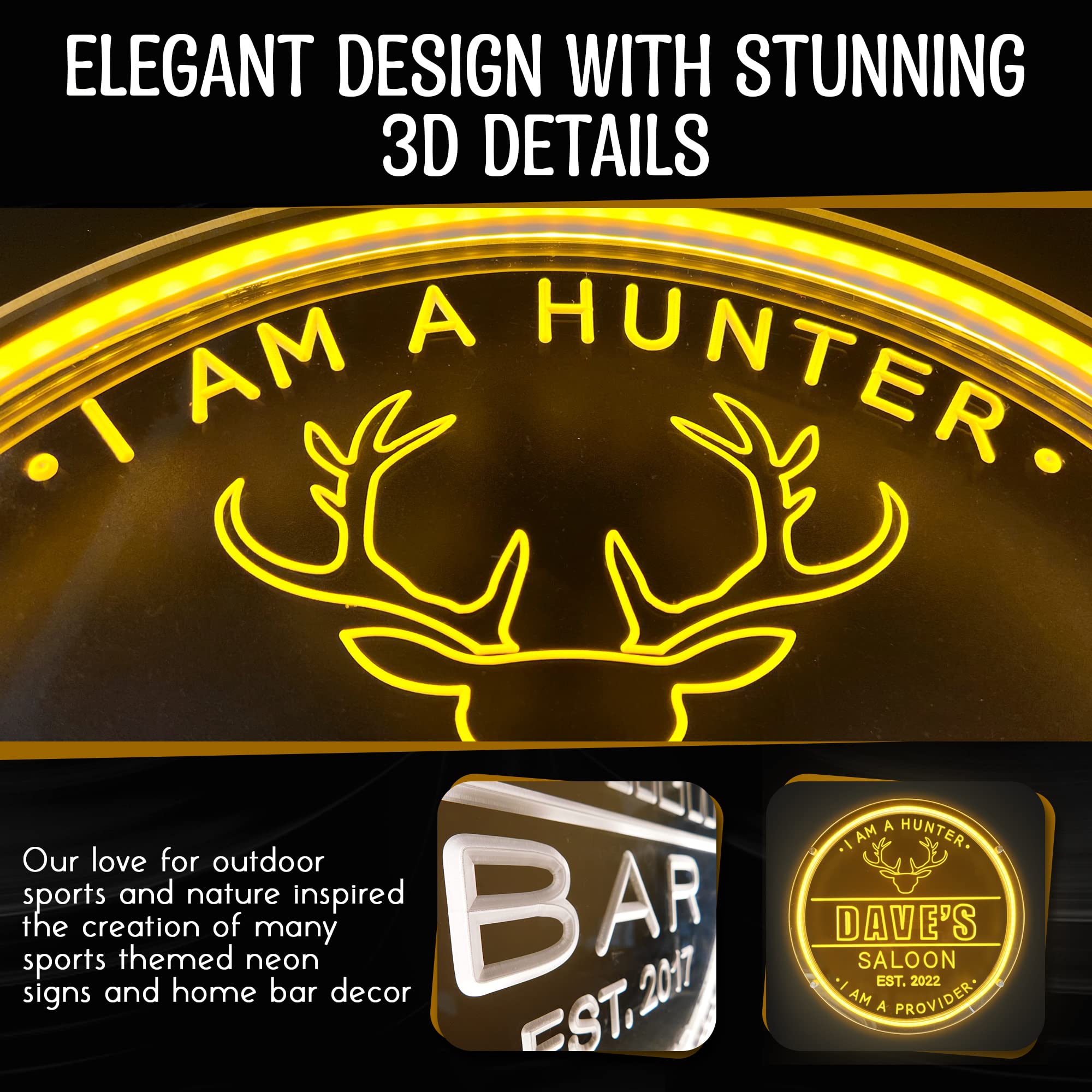 Personalized Deer Hunting Gift LED Light - Hunting Accessories & Neon Antler Bar Decor for Home - Funny Gifts for Hunters & Dad - Perfect for Man Cave, Hunting Lodge & Cabin Wall Decor