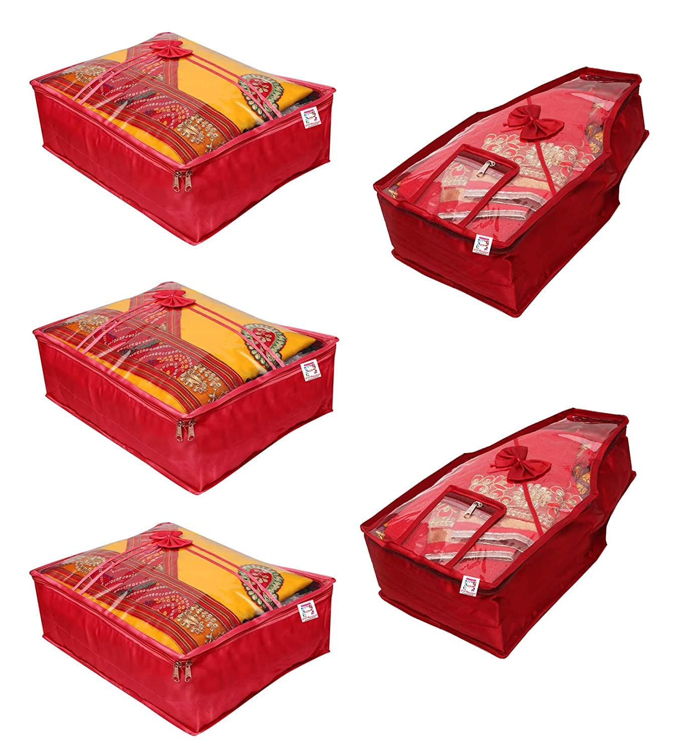 Premium Satin Saree & Blouse Storage Bags - 5-Pack with Double Zipper & Clear Window - Wardrobe Organizer for Indian Ethnic Wear - Perfect for Travel, Wedding, and Festival Outfit Protection (Maroon)