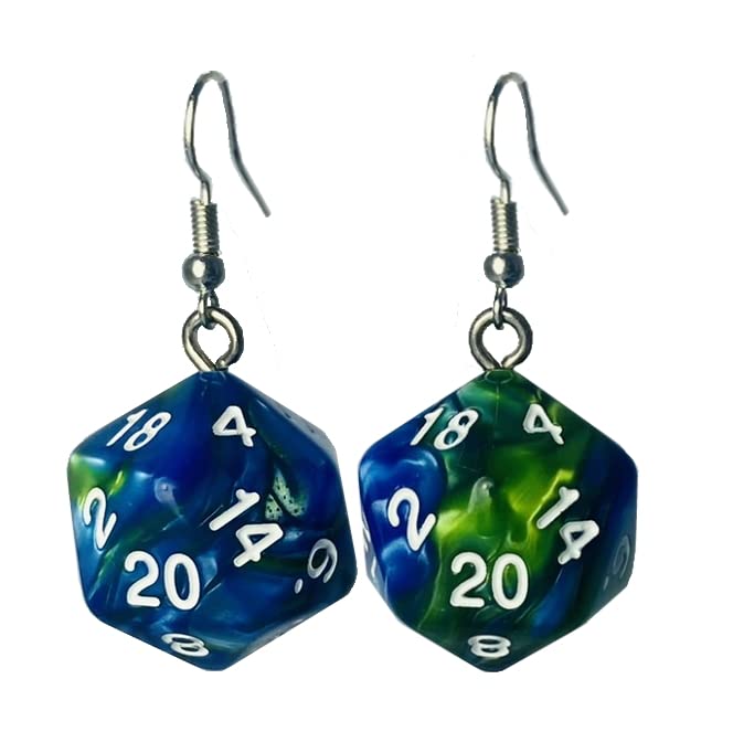 D20 & D10 Polyhedral Dice Earrings - Multicolored Pearlescent Swirl RPG Jewelry for Gamers & Tabletop Enthusiasts