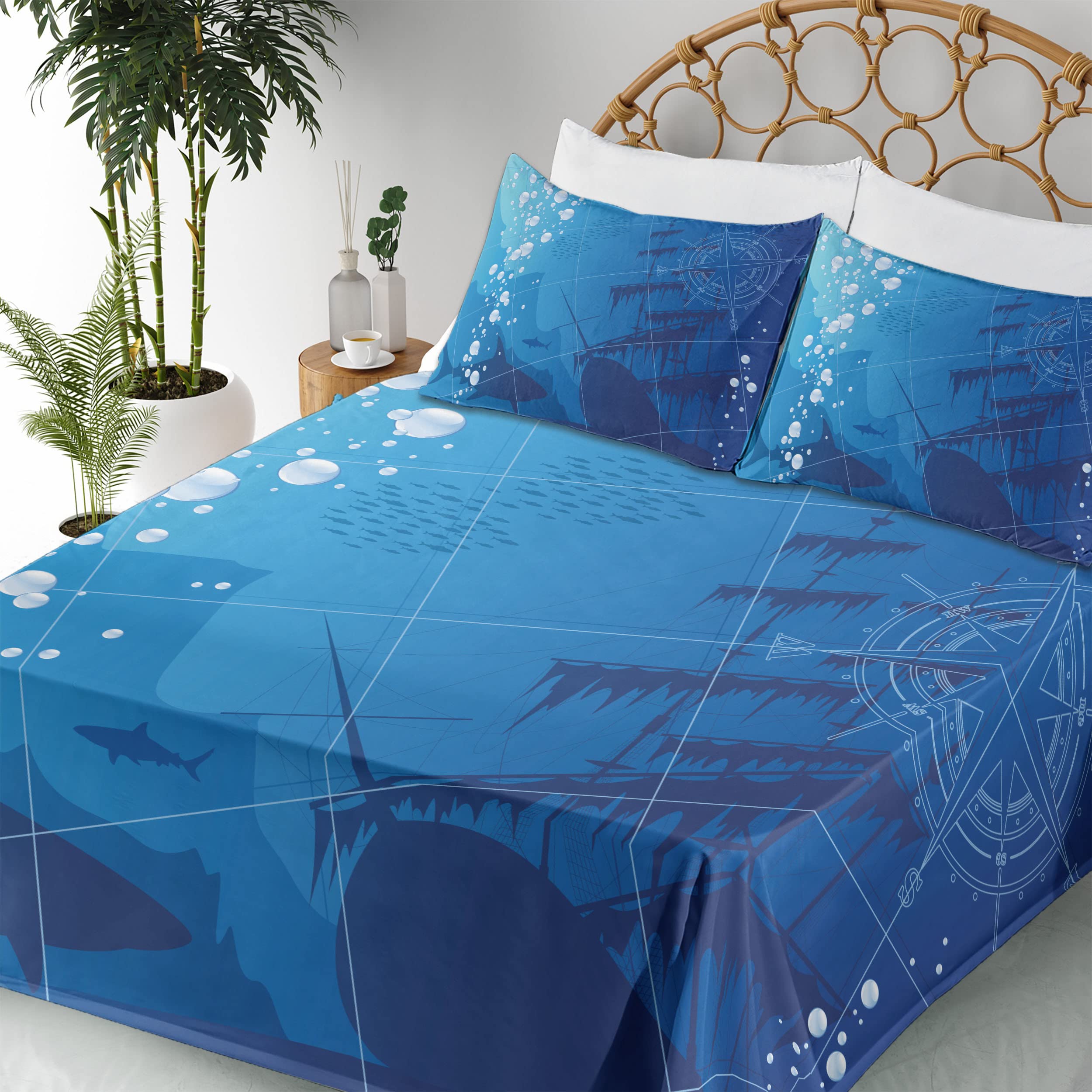 Ambesonne Nautical Shark & Ship Compass Bed Sheet Set - 3 Piece Twin XL Blue White Underwater Theme Bedding with Fitted Sheet, Flat Sheet & Pillowcase - Perfect for Kids' Rooms, Beach Houses & Ocean Lover Decor