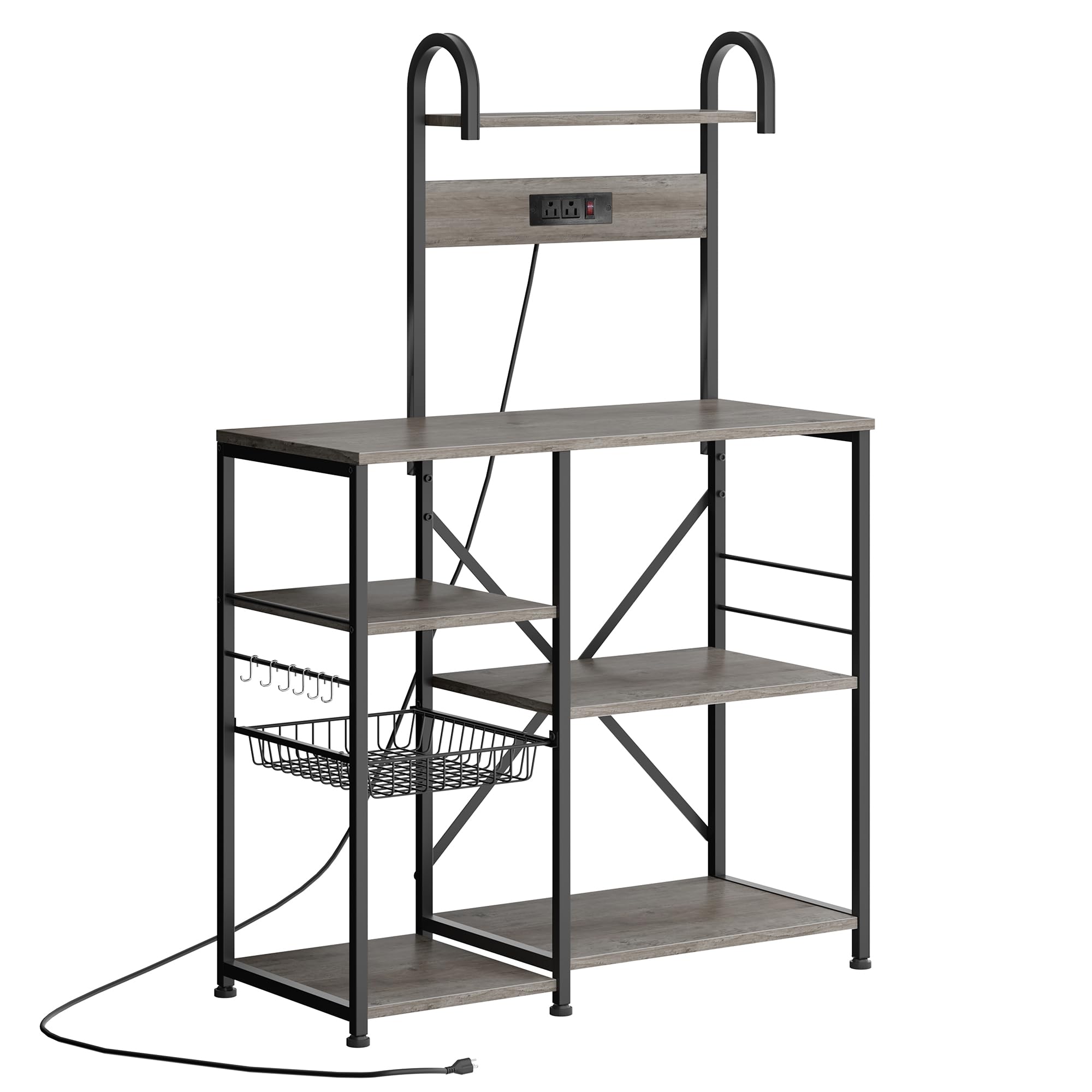 JAMFLY 6-Tier Bakers Rack with Power Outlet - Microwave Stand, Kitchen Storage Shelf with 6 Hooks & Wire Basket - Coffee Bar Station, Spice Rack, Pot and Pan Organizer for Living Room & Kitchen - Perfect for Small Spaces, Apartment Cooking & Home Organization