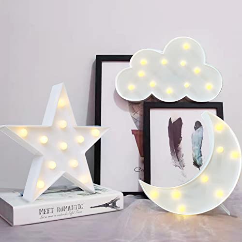 white stars + white moon + white clouds