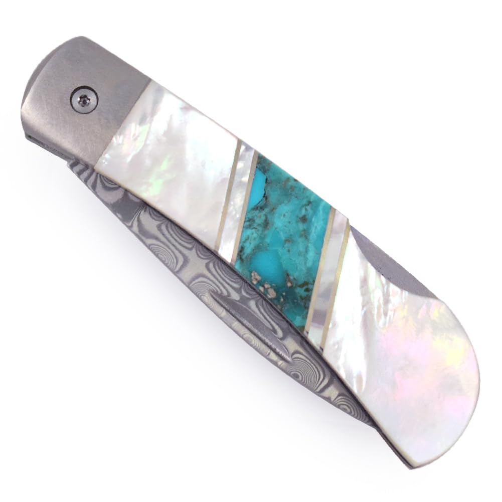 Premium Folding Pocket Knife with Damascus Steel Blade, Artisan-Crafted Mother of Pearl & Arizona Turquoise Handle, 3
