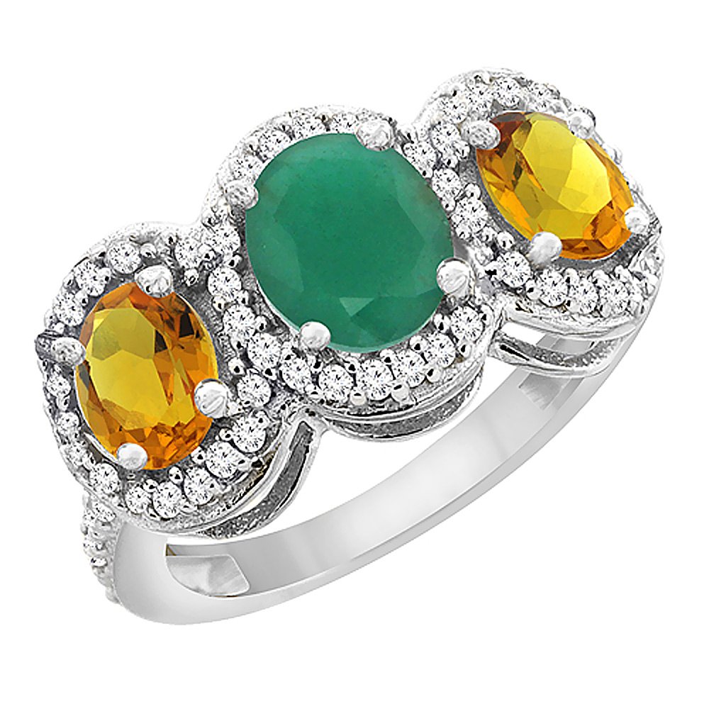 10K White Gold Natural Emerald & Citrine 3-Stone Mothers Ring with Oval Diamond Accent - Sizes 5-10 | Perfect Gift for Mom, Birthday, Anniversary & Mother's Day