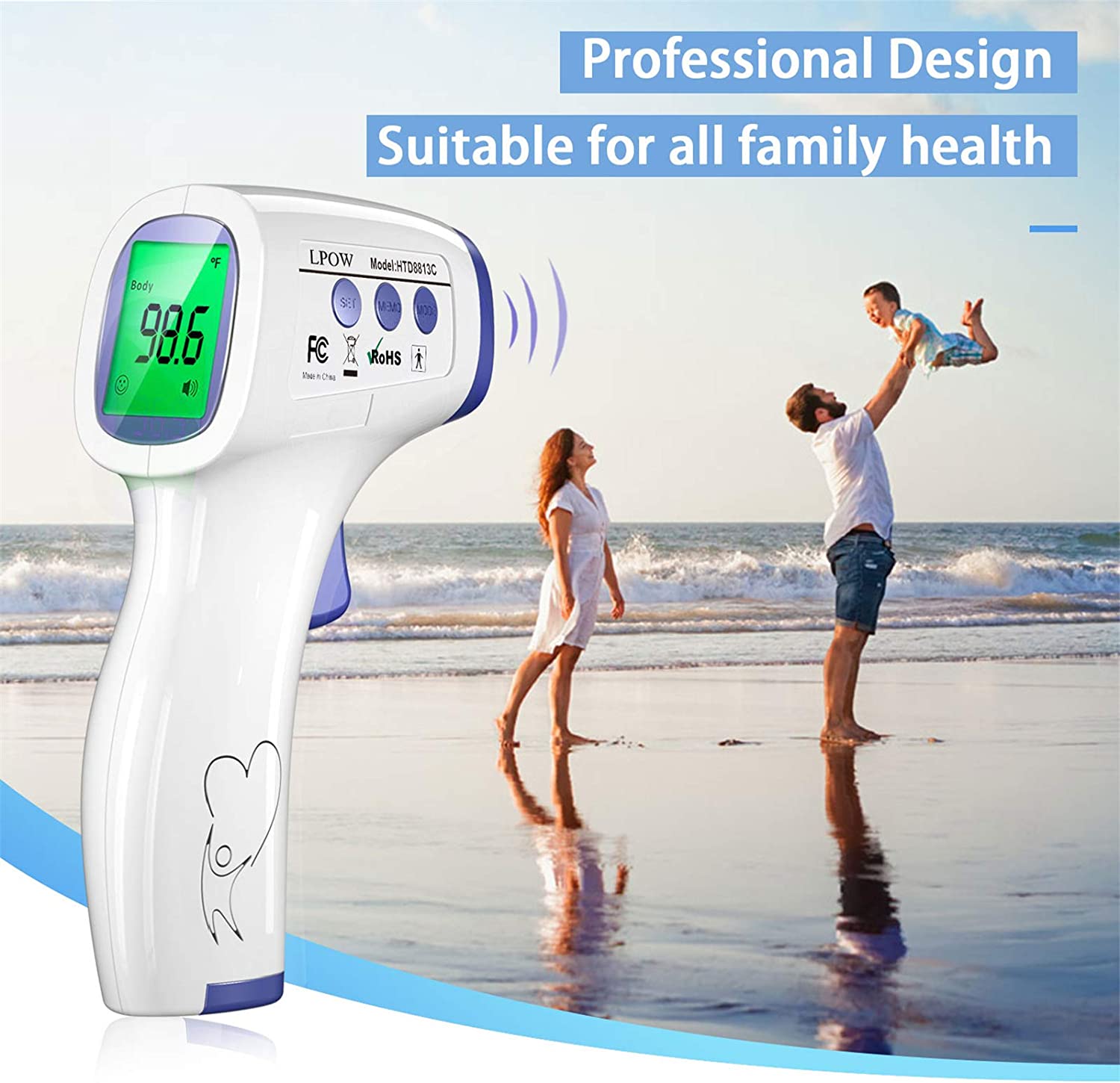 LPOW Digital Infrared Thermometer for Adults & Babies - Fast 1 Second Reading, 3 Color Backlight, 50 Memory Recall - Perfect for Home, Hospital, and Travel Use