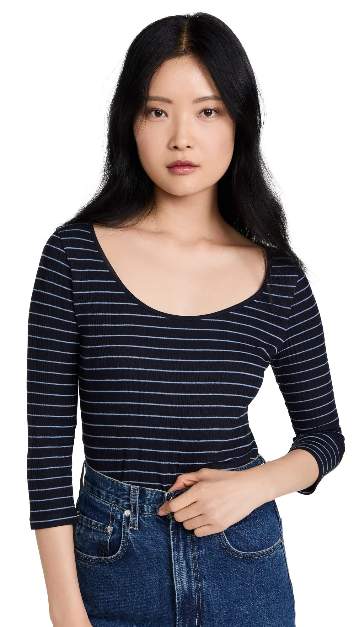 Vince Women's Striped Rib Long Sleeve T-Shirt - Soft Cotton Casual Top for Everyday Wear, Office & Outings