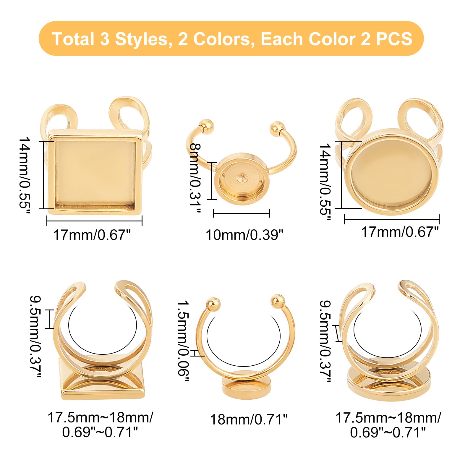 UNICRAFTALE 12Pcs Stainless Steel Ring Blanks - 3 Styles (8mm, 14mm) Round & Square Cuff Pad Ring Settings for DIY Jewelry Making - Gold & Silver Colors - Perfect for Crafting, Wedding Bands, Gift Making & Jewelry Design