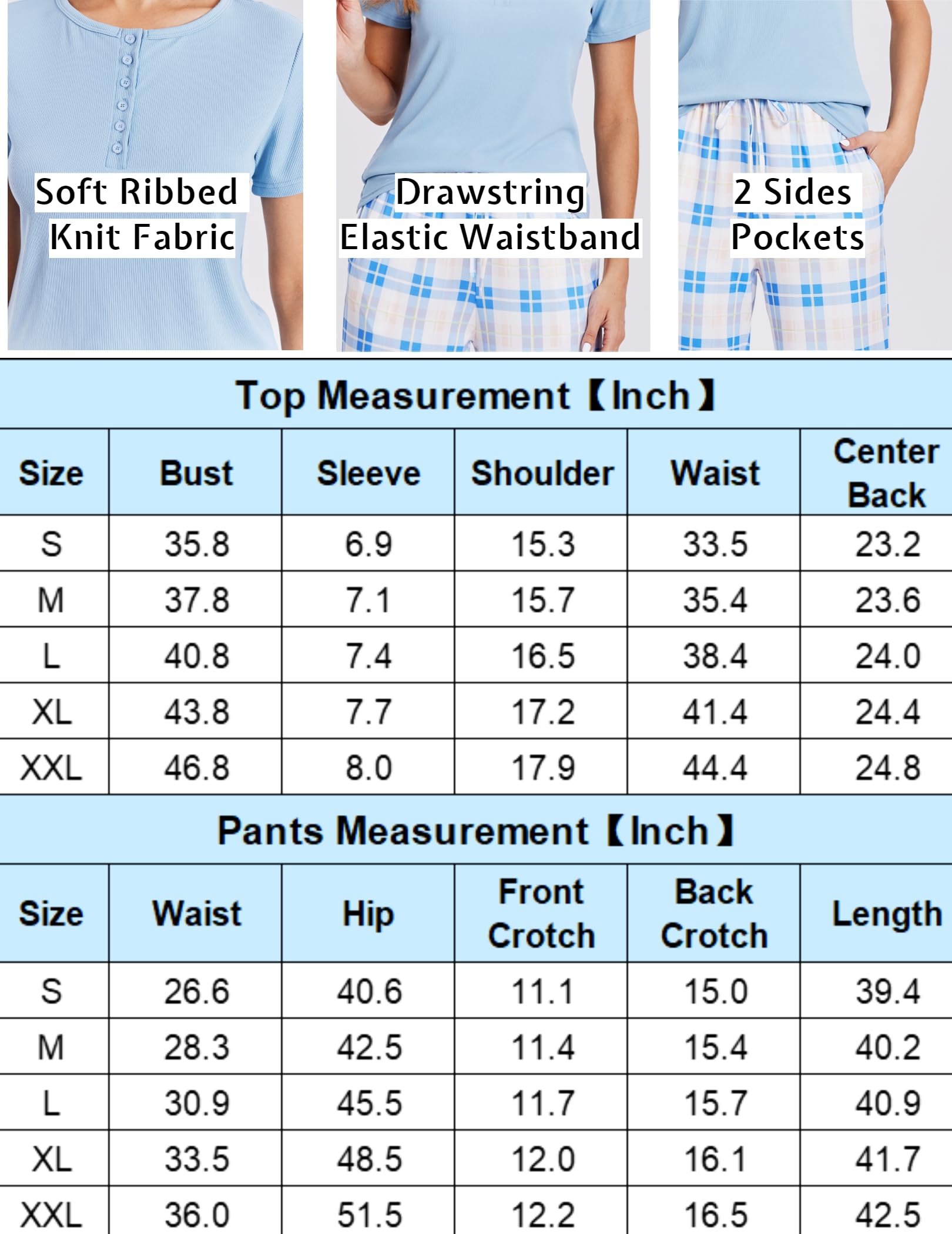 Ekouaer Women's Soft Ribbed Knit Pajama Set - Short Sleeve Button-Down Sleepwear & Lounge Set with Plaid Pattern | Perfect for Sleepovers, Relaxing at Home & Cozy Nights