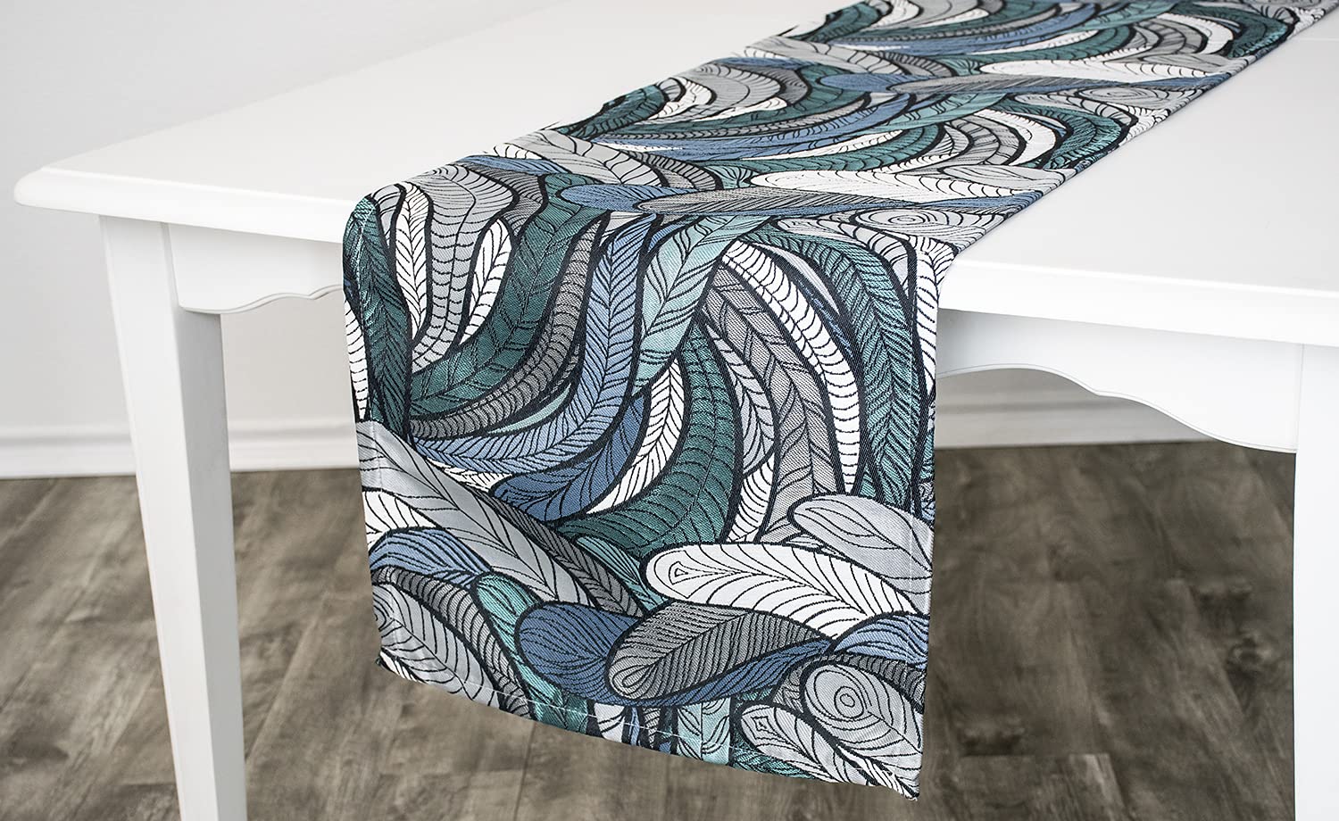Elegant Chenille Gray and Teal Blue Feather Table Runner - 16.5x90 Inch Long Dresser Scarf for Dining Table, Buffet, Wedding Decor & Home Decoration
