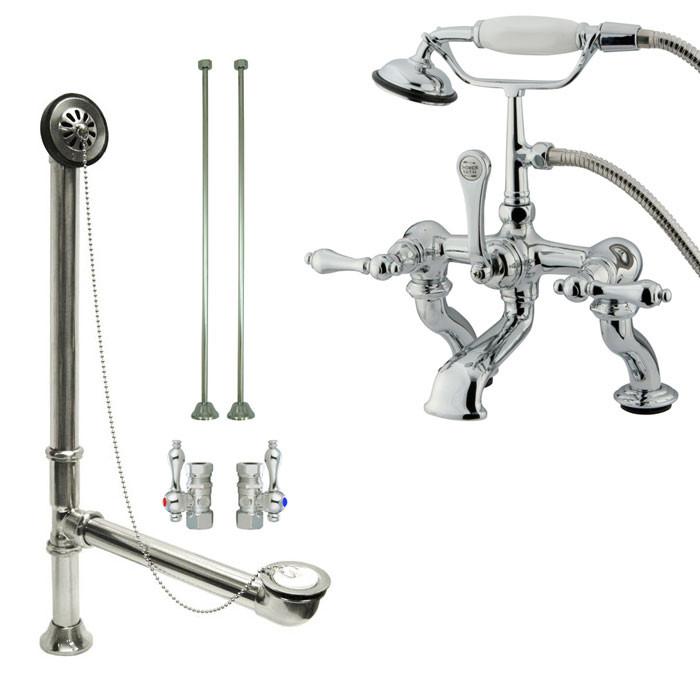 Chrome Deck Mount Clawfoot Bathtub Faucet with Hand Shower and Drain Supplies - CC410T1 System | Perfect for Vintage Bathroom Renovations and Spa-Like Showers