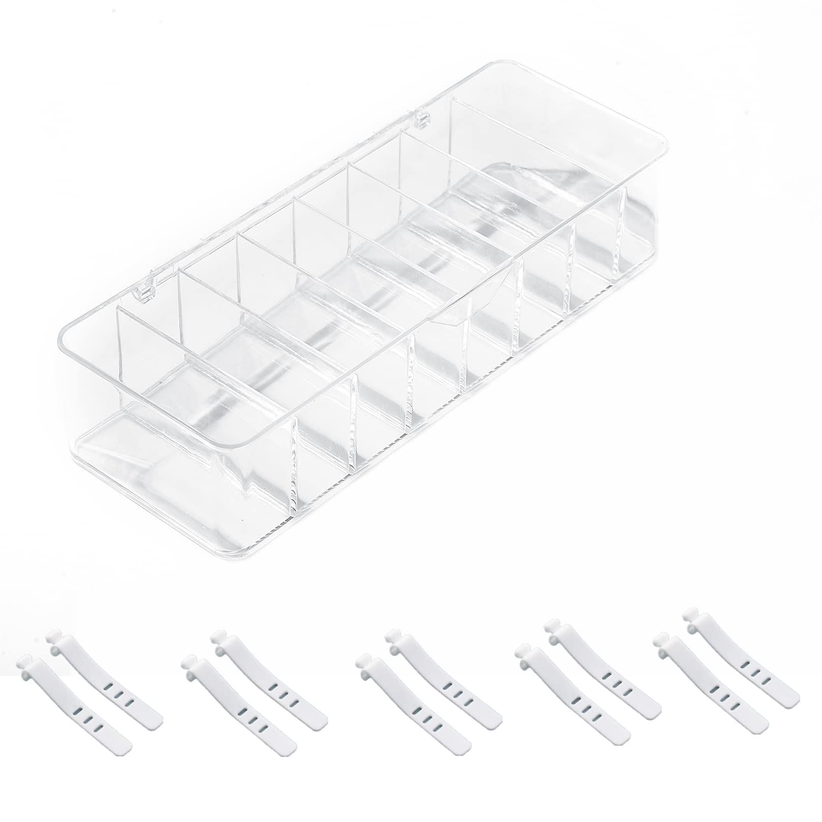 Clear Acrylic Electronics Organizer Box with Cover - 8 Compartment Charger & Cord Storage Case with 10 Wire Ties - Perfect for Home, Office & Travel Cable Management (White)