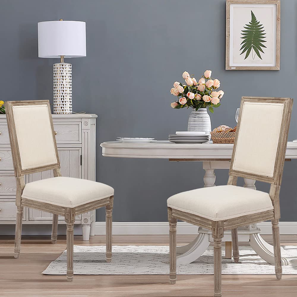 Farmhouse Dining Chairs Set of 2 - Distressed Square Back Accent Chairs for Kitchen, Bedroom & Living Room - Beige Fabric Upholstered Side Chairs for Home Decor