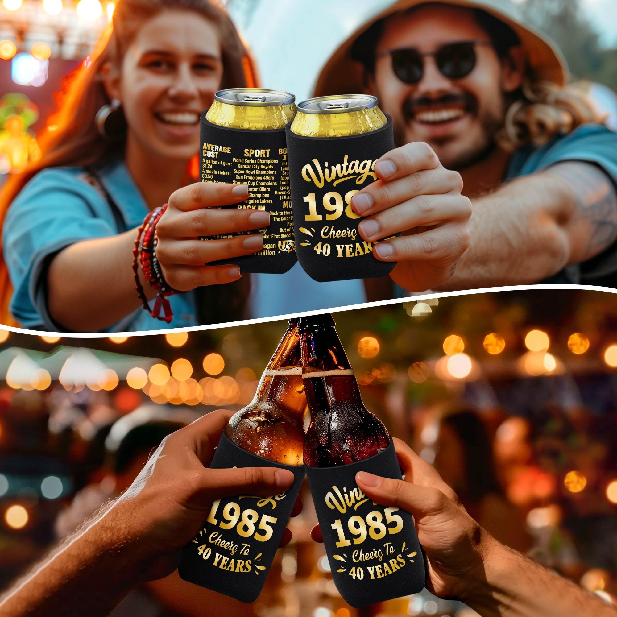 40th Birthday Party Decorations for Men & Women - Black & Gold Pack of 12 Can Cooler Sleeves - Perfect for 40th Birthday Gifts, Party Favors & Supplies - Great for Backyard BBQs, Pool Parties & Anniversary Celebrations