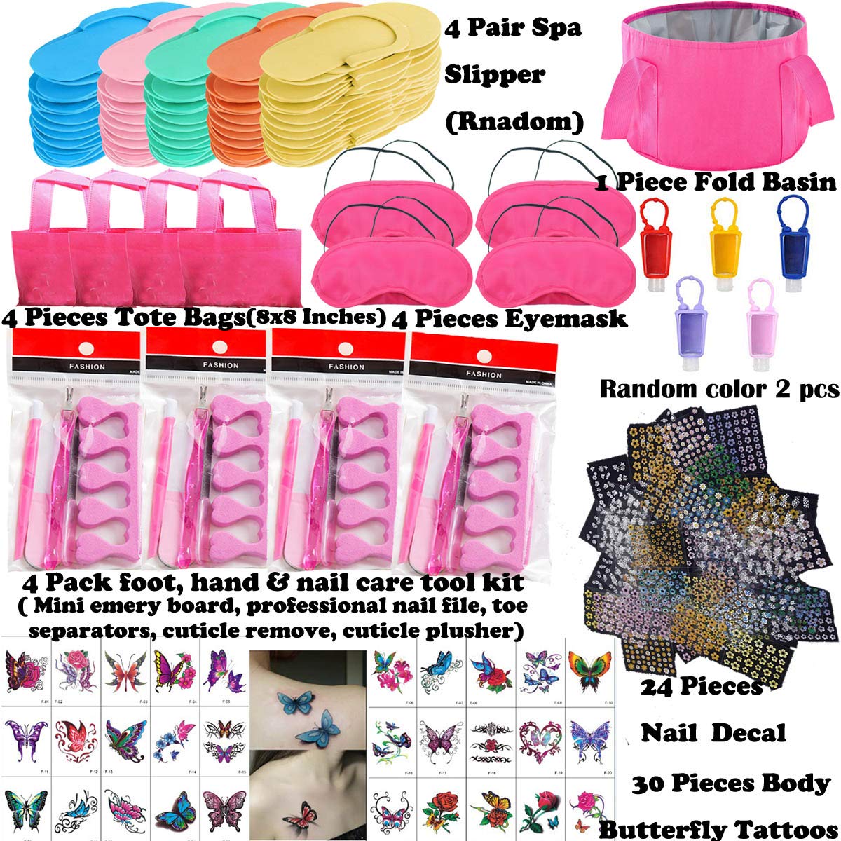 80+ PCS Girls Spa Party Kit - Spa Masks, Slippers, Bottles, Foldable Bath Basin, Bags, Nail Decals & Manicure Tools for Kids Spa Experience | Perfect for Birthday Parties, Sleepovers & DIY Home Spa Days