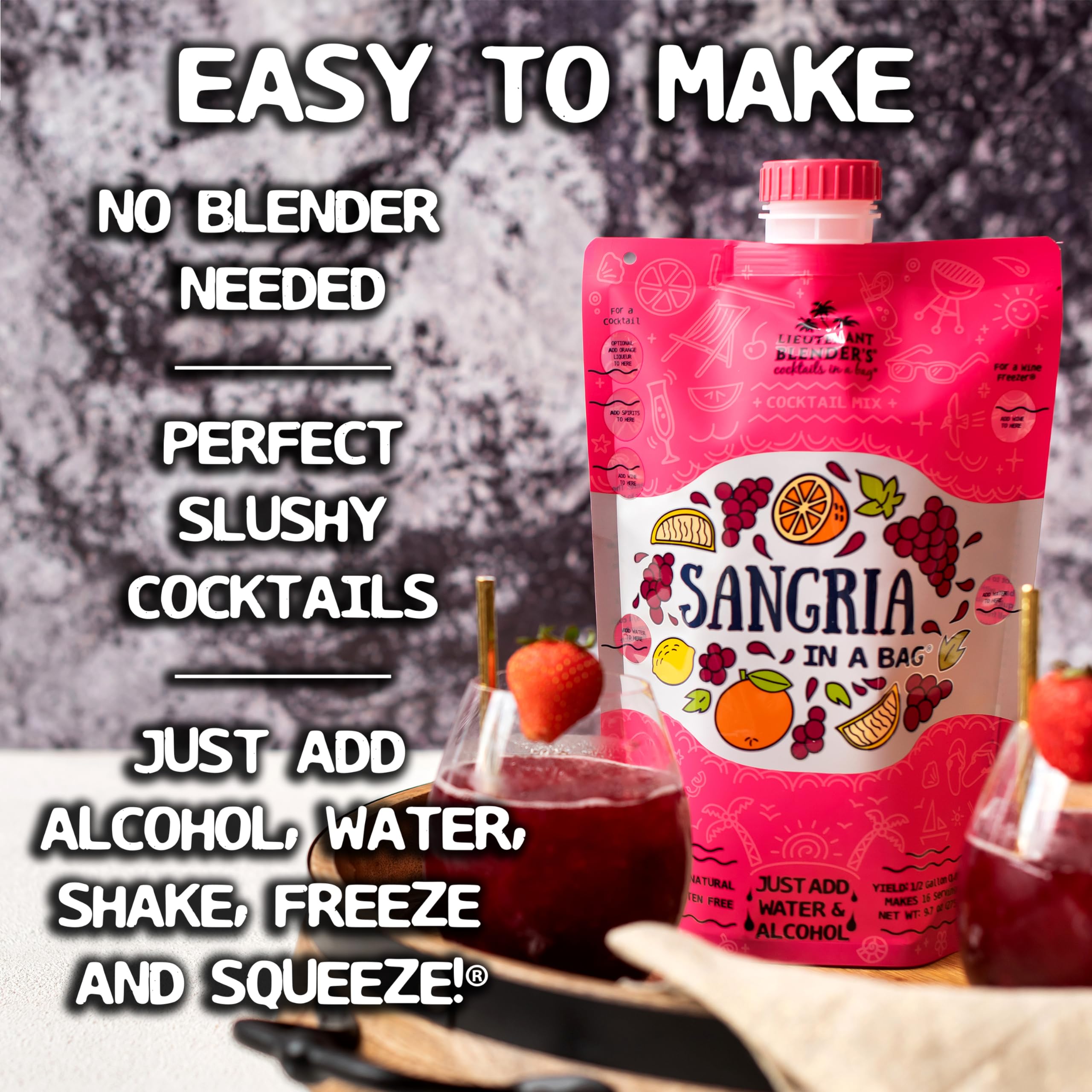 Lt. Blender's Sangria in a Bag – Wine Slushie Mix – Makes 1/2 Gallon Frozen Red Sangria – Non-GMO, Gluten-Free – Mix with Wine, Liquor or Mocktail – Perfect for Parties, BBQs & Summer Gatherings – (Pack of 1)