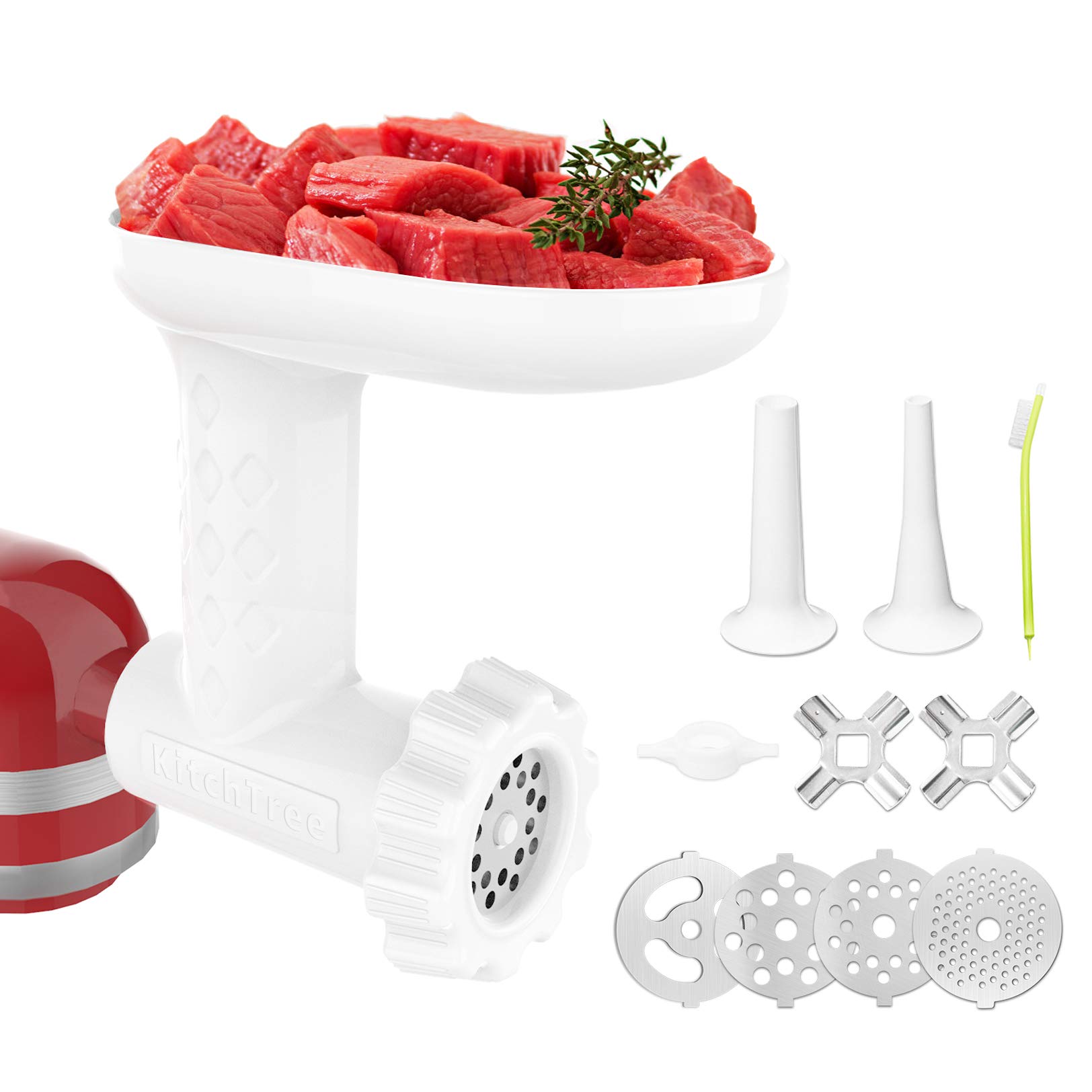 KitchenAid Stand Mixer Meat Grinder Attachment - Includes 2 Sausage Stuffer Tubes & 4 Grinding Plates - White Food Processor for Ground Beef, Sausage Making - Perfect for Home Kitchen, BBQ Prep & Meal Prepping