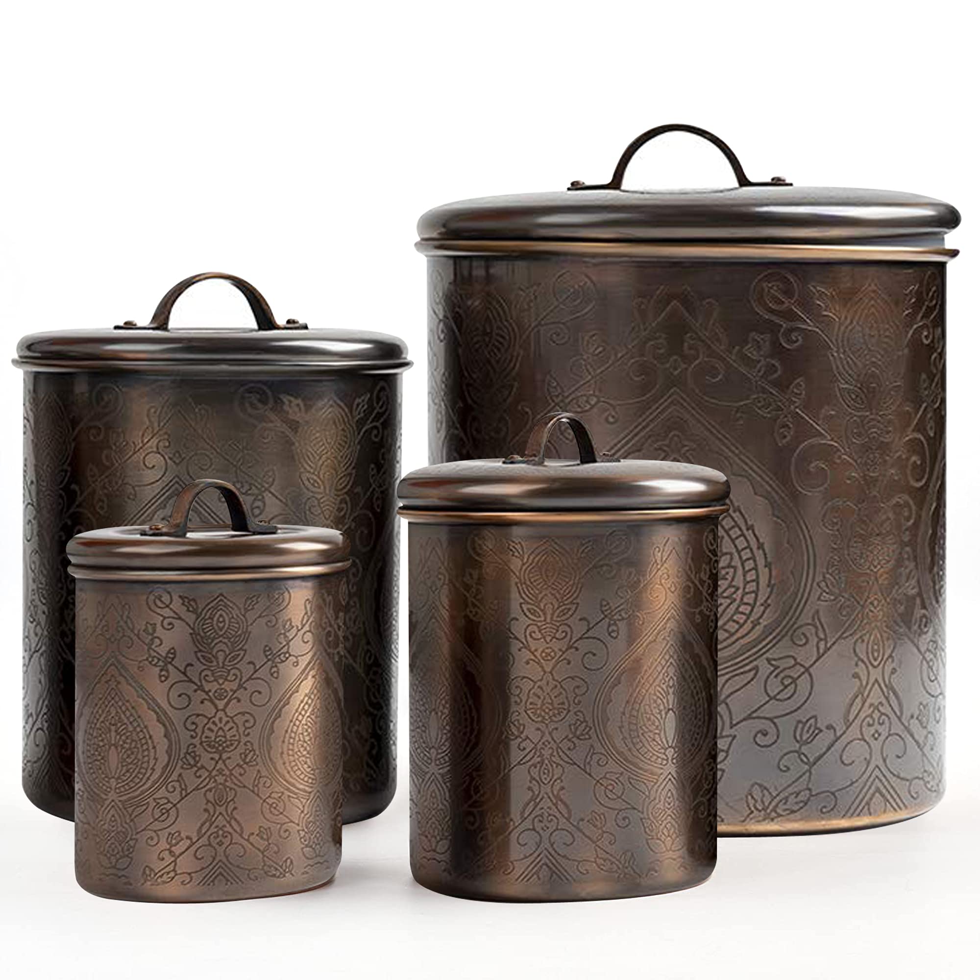 Premium Antique Etched Kitchen Canister Set - 4-Piece Copper & Stainless Steel Storage Containers for Flour, Sugar, Coffee & Tea | Elegant Pantry Organization & Countertop Display