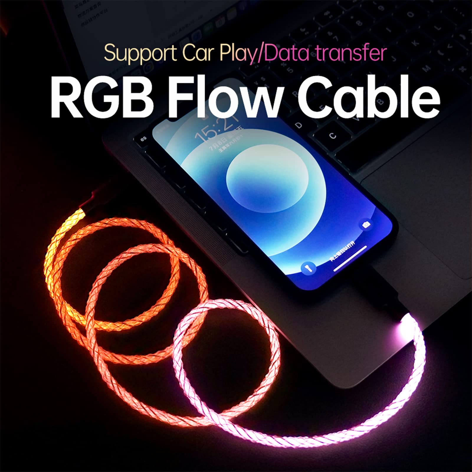 RGB USB C to USB C Fast Charging Cable 60W PD - Compatible with Samsung Galaxy S24/S23/A15/A25/A35/A55 & All Type C Devices - LED Light for Car & Night Use
