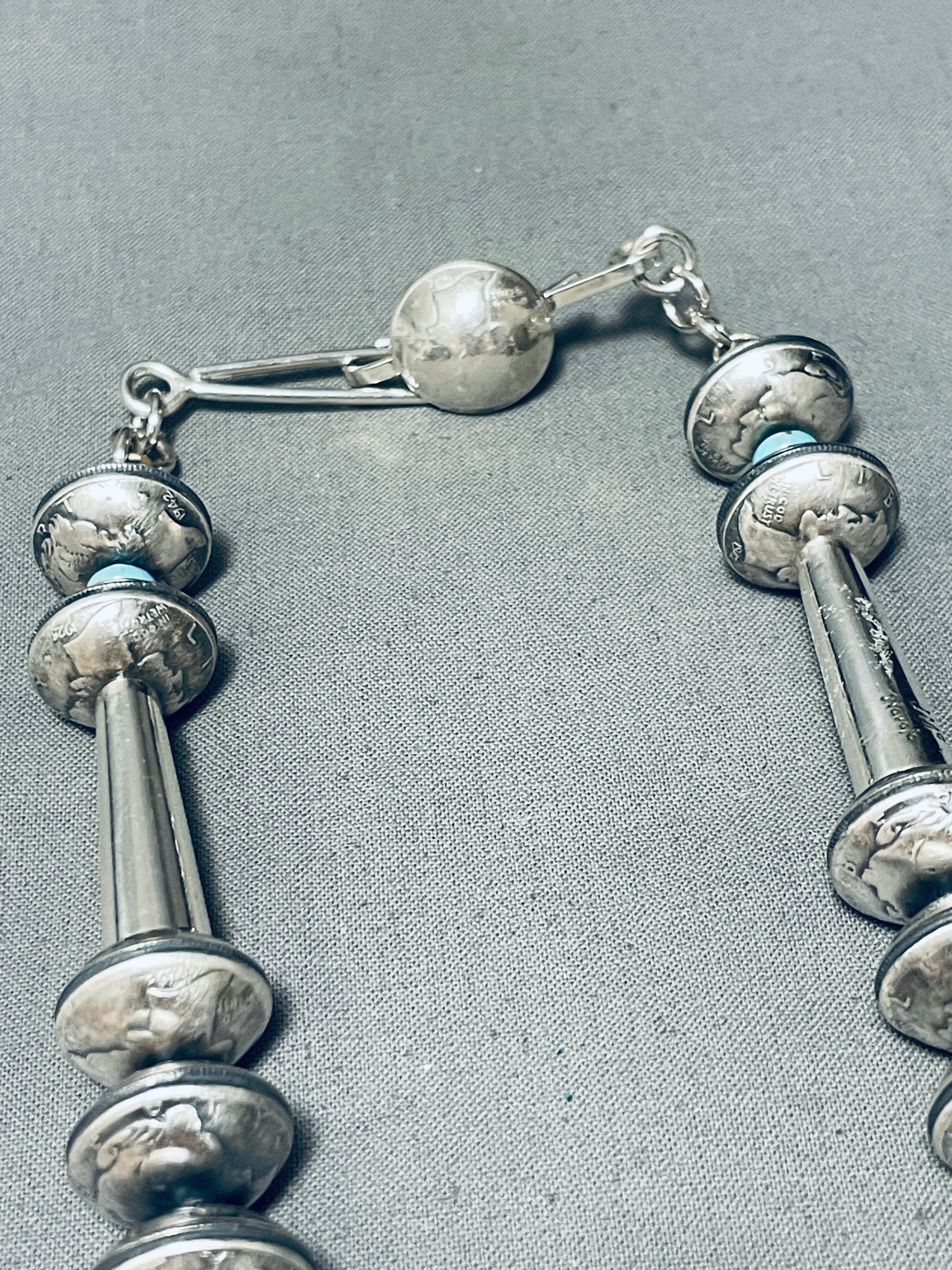 Authentic Native American Navajo Turquoise Sterling Silver Coin Necklace – 181 Grams | Handcrafted Jewelry for Women, Boho Chic Accessory, Perfect for Festivals & Special Occasions