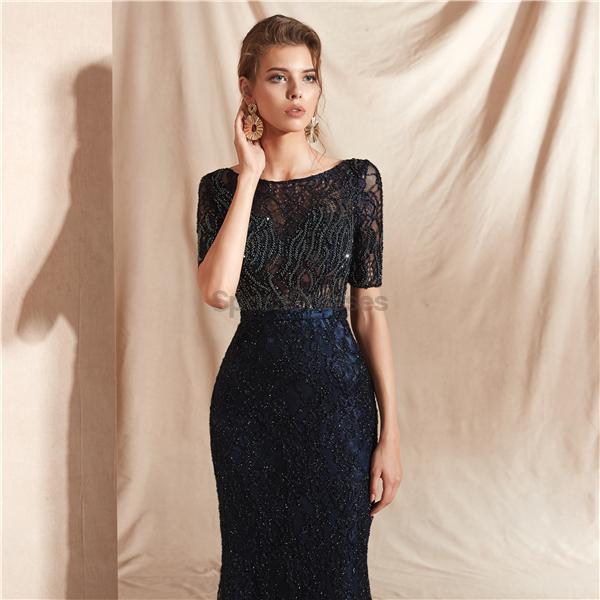 Elegant Navy Blue Long Sleeve Lace Beaded Mermaid Prom Dress for Evening Parties & Formal Events - Perfect for Homecoming, Wedding Guest & Special Occasions