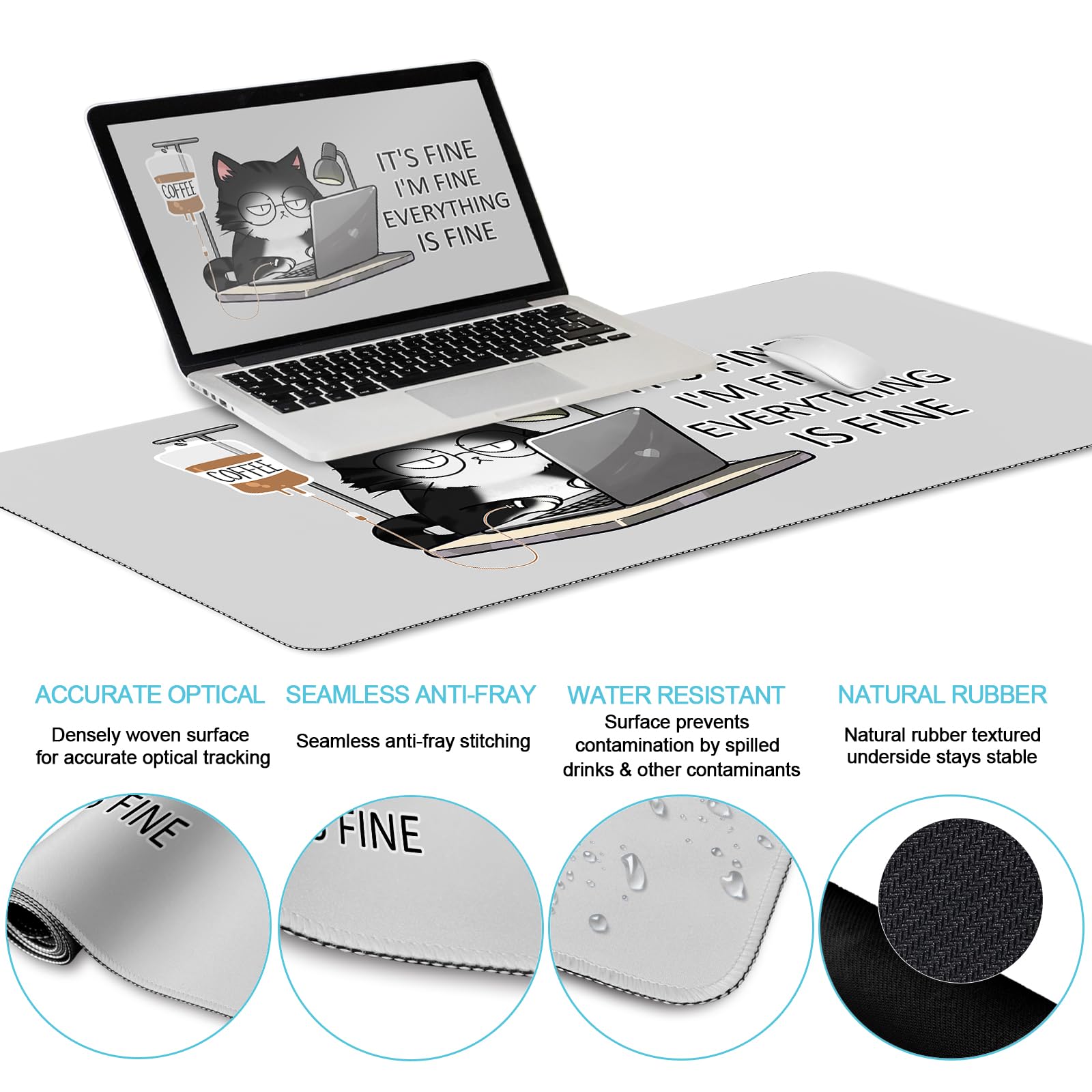 Ergonomic Cat Mouse Pad with Wrist Rest - Cute Gaming & Office Desk Mat Set for Comfortable Wrist Support - Includes Keyboard Mat and Cup Coaster - Perfect for Work, Gaming, and Home Office Use