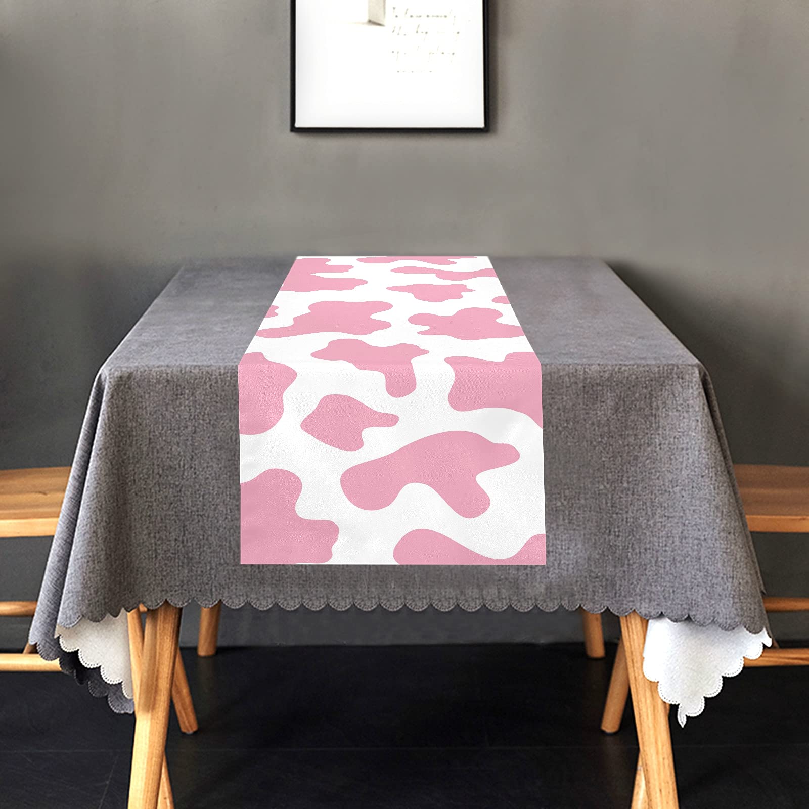 JUNZAN 108 Inch Long Pink Cow Print Table Runner - Farmhouse Dining Table Decor, Buffet Scarf, Dresser Runner for Kitchen, Wedding, Party, and Home Decor