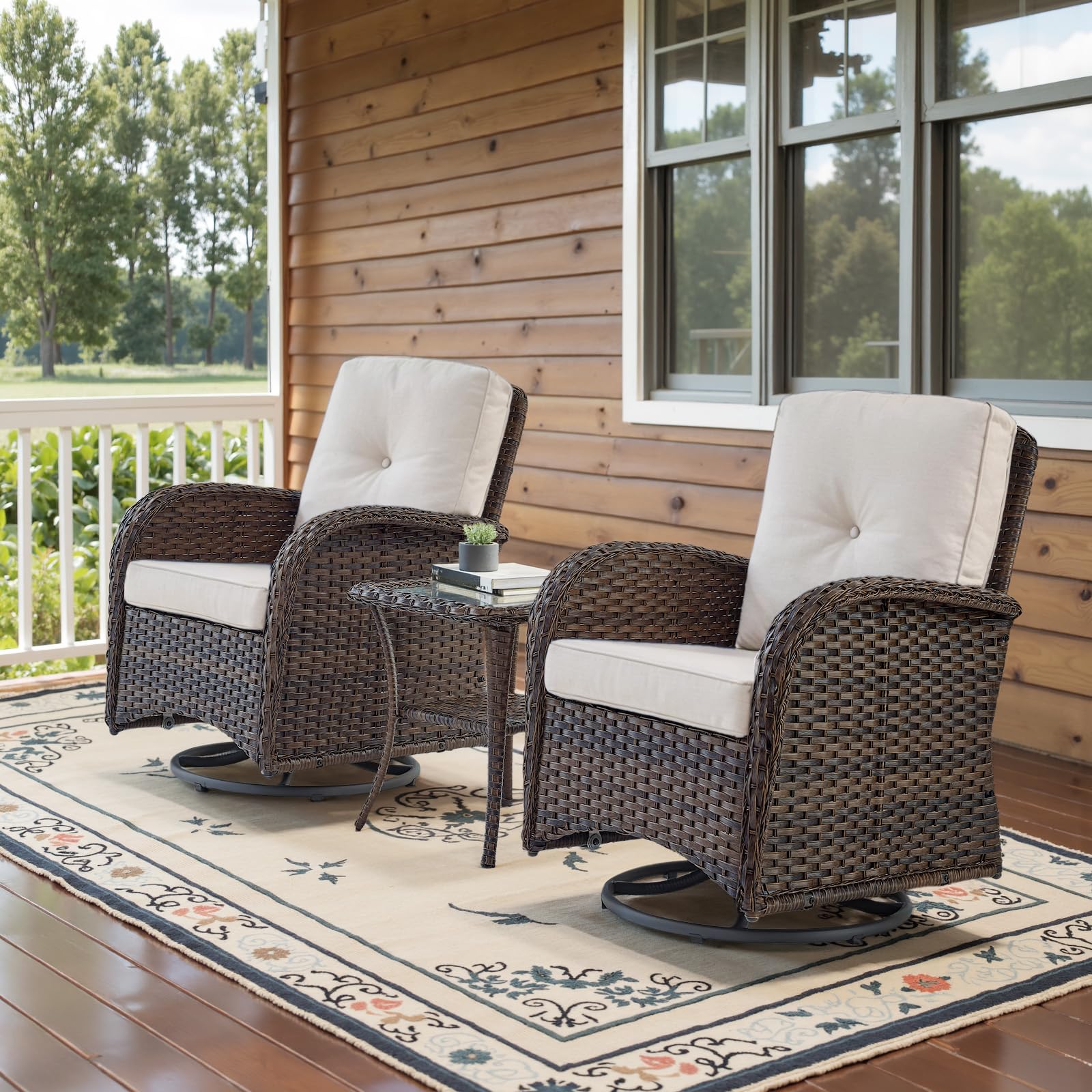 Outdoor Wicker Swivel Rocking Chairs Set of 2 with Rattan Side Table - 3-Piece Patio Furniture Set for Deck, Porch, Poolside - Brown/Beige - Perfect for Relaxing, Entertaining & Outdoor Lounging