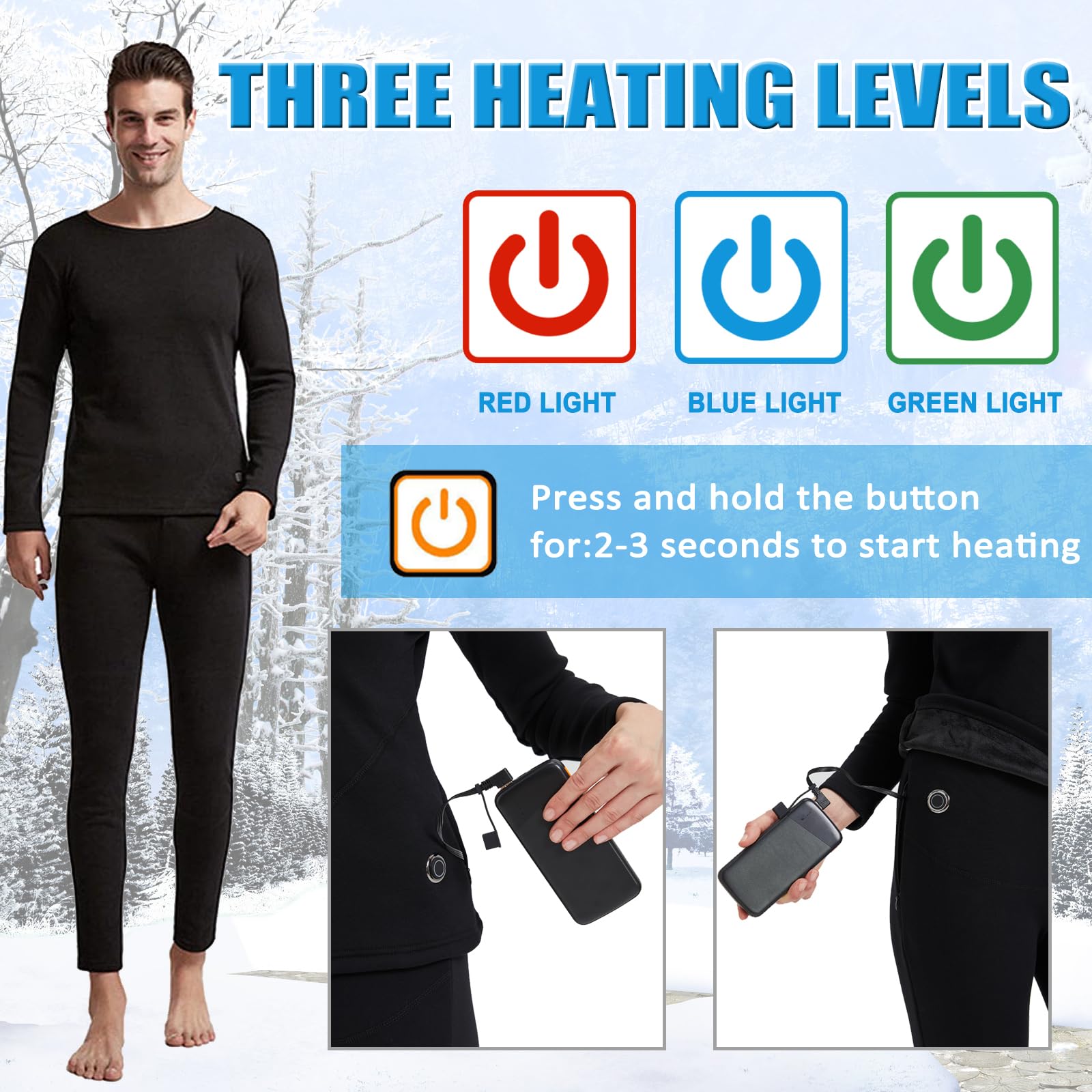 Electric Heated Thermal Underwear Set for Men - USB-Powered Long Johns with Built-in Power Bank | Winter Travel, Outdoor Work & Cold Weather Activities