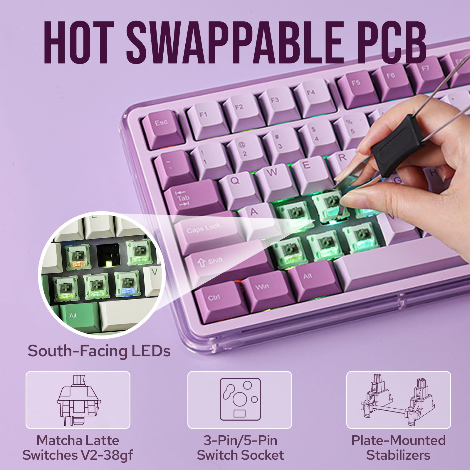 KiiBoom Breeze 75 Wireless Mechanical Keyboard - RGB, 8000mAh, for Gaming & Office (Purple)