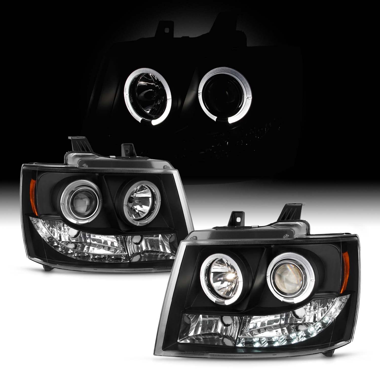 AKKON Black Dual Halo Ring LED DRL Projector Headlights for Chevy Suburban Avalanche Tahoe - High Performance Replacement Headlamps for Night Driving & Off-Road Adventures