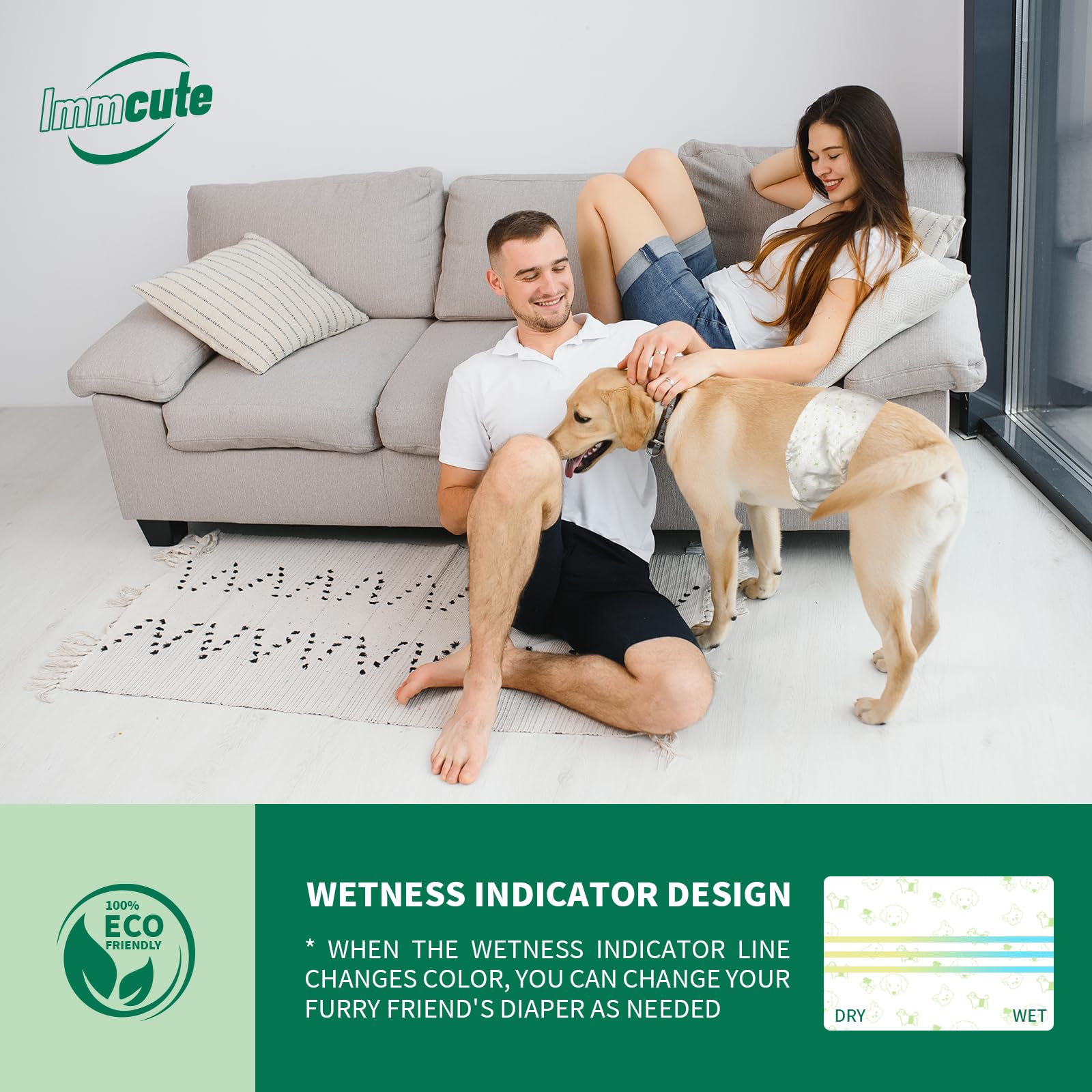 **IMMCUTE Disposable Male Dog Diapers Small 50 Count - Adjustable Puppy Diapers with Wetness Indicator & FlashDry Gel Technology - Incontinence & Marking Wraps for Small Male Dogs - Perfect for House Training, Travel & Post-Surgery Care**