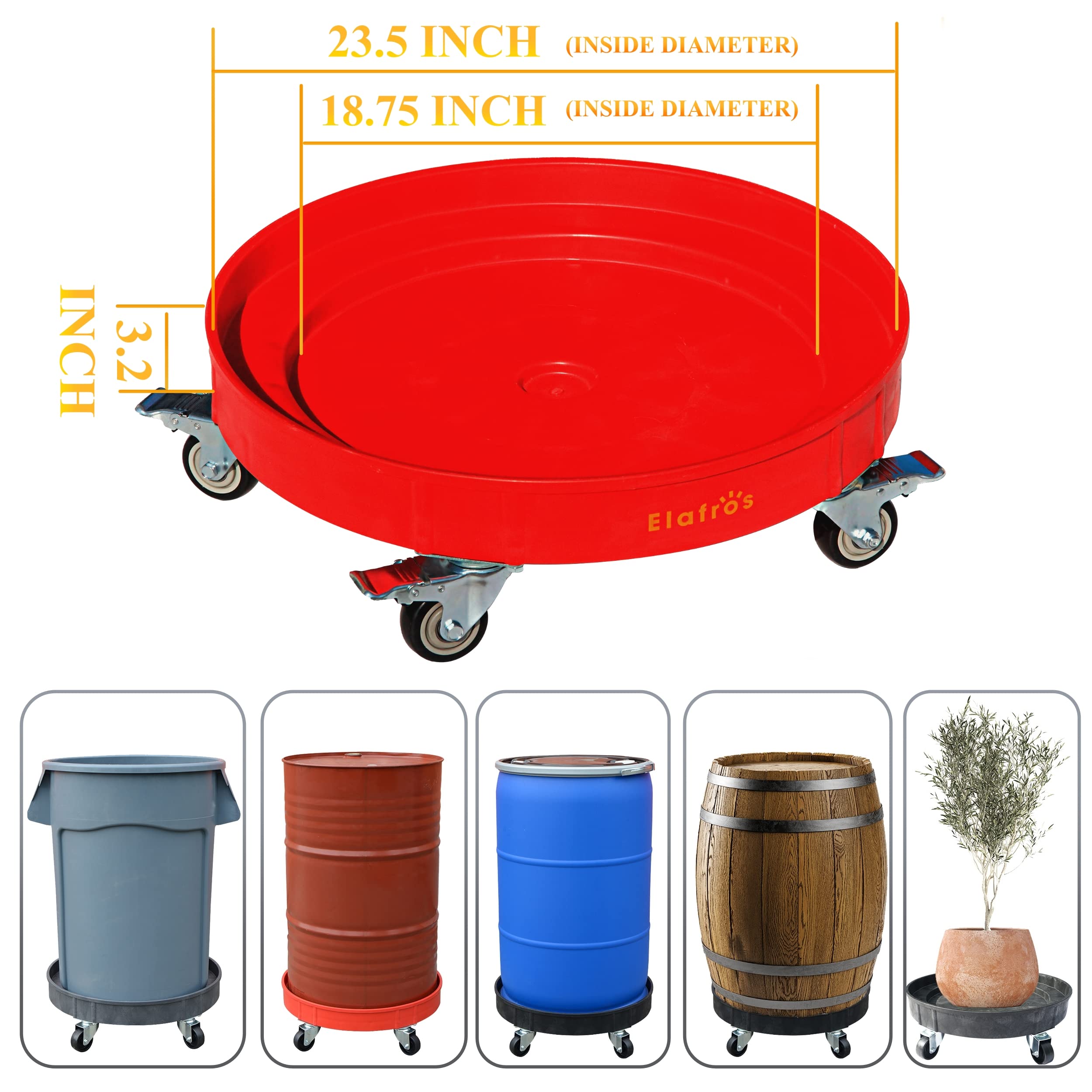 ELAFROS Heavy Duty Plastic Drum Dolly Cart - 30 & 55 Gallon Capacity, 900 lb Load Capacity with 5 Swivel Caster Wheels (Red, with Brake) - Perfect for Industrial, Warehouse, and Home Garage Use