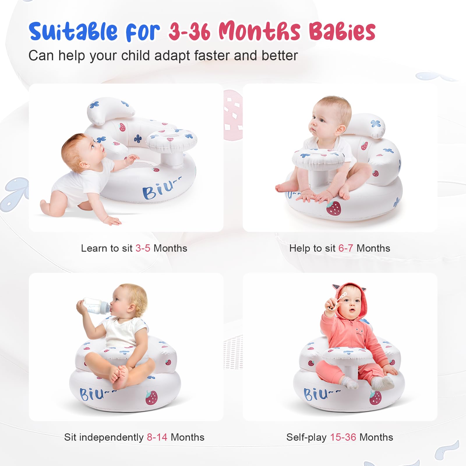 LINGSFIRE Inflatable Baby Seat for Infants 3 Months and Up - Portable Blow Up Baby Chair with Built-in Air Pump for Home, Travel, and Floor Sitting - Perfect Baby Shower Gift (White) - Great for Indoor Play, Beach Trips, and Outdoor Adventures