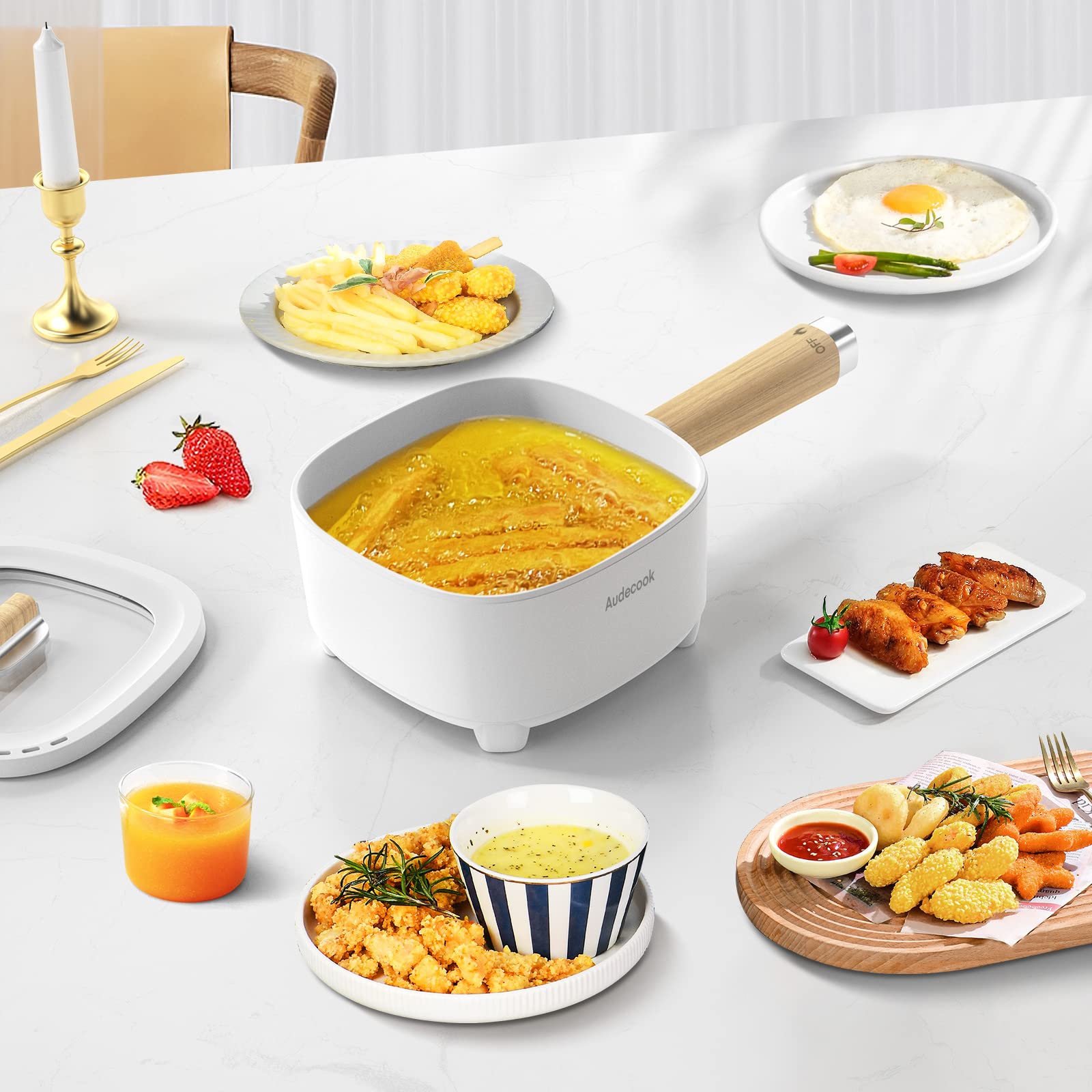 Audecook 2L Electric Hot Pot with Ceramic Non-Stick Coating | 8-Inch Portable Travel Cooker for Ramen, Steak, Fried Rice & Soup | Dual Power Control | Includes Silicone Spatula | Perfect for Dorm, Office, Camping & Small Kitchen Cooking