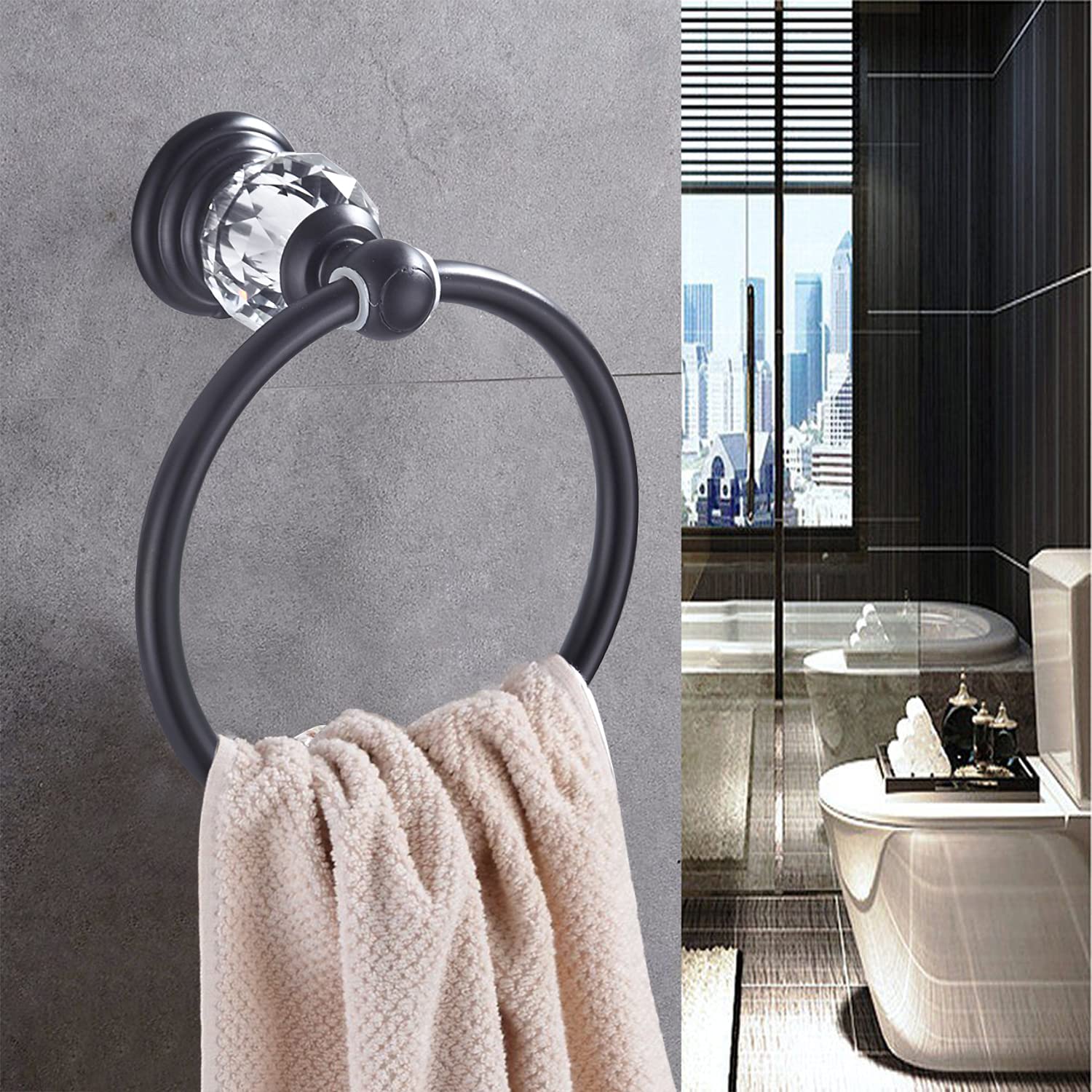 WINCASE Matte Black Crystal Towel Ring - Wall Mounted Bathroom Hand Towel Holder & Round Towel Hanger Rack for Modern Home Decor | Perfect for Guest Bathrooms, Powder Rooms & Spa-Style Showers